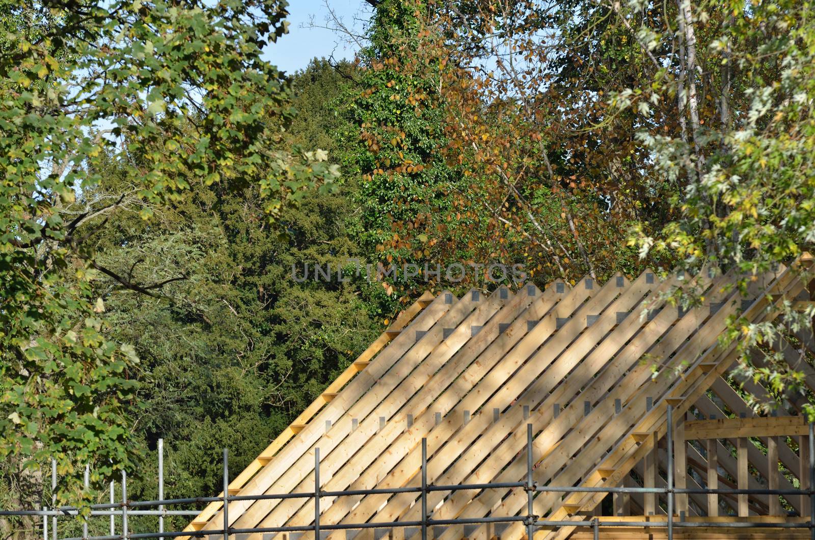 Roof under construction in rural setting