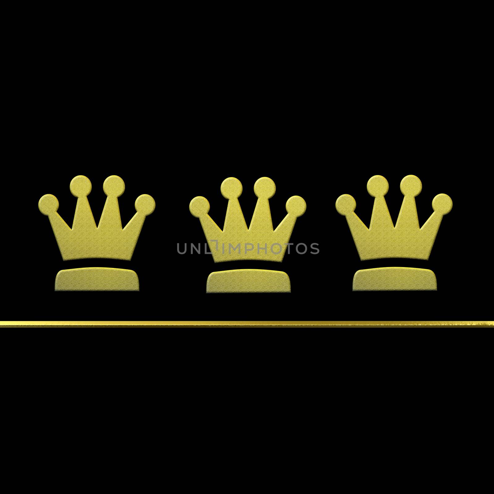 Christmas card Three Wise Men, golden metallic crowns in black background with copy space