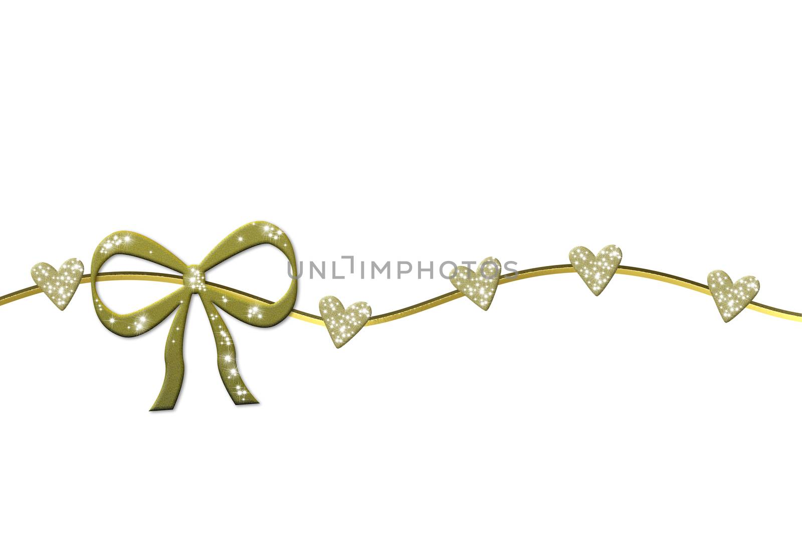 golden wreath with gift bow and glossy hearts isolated in white background and copy space for text or copy space