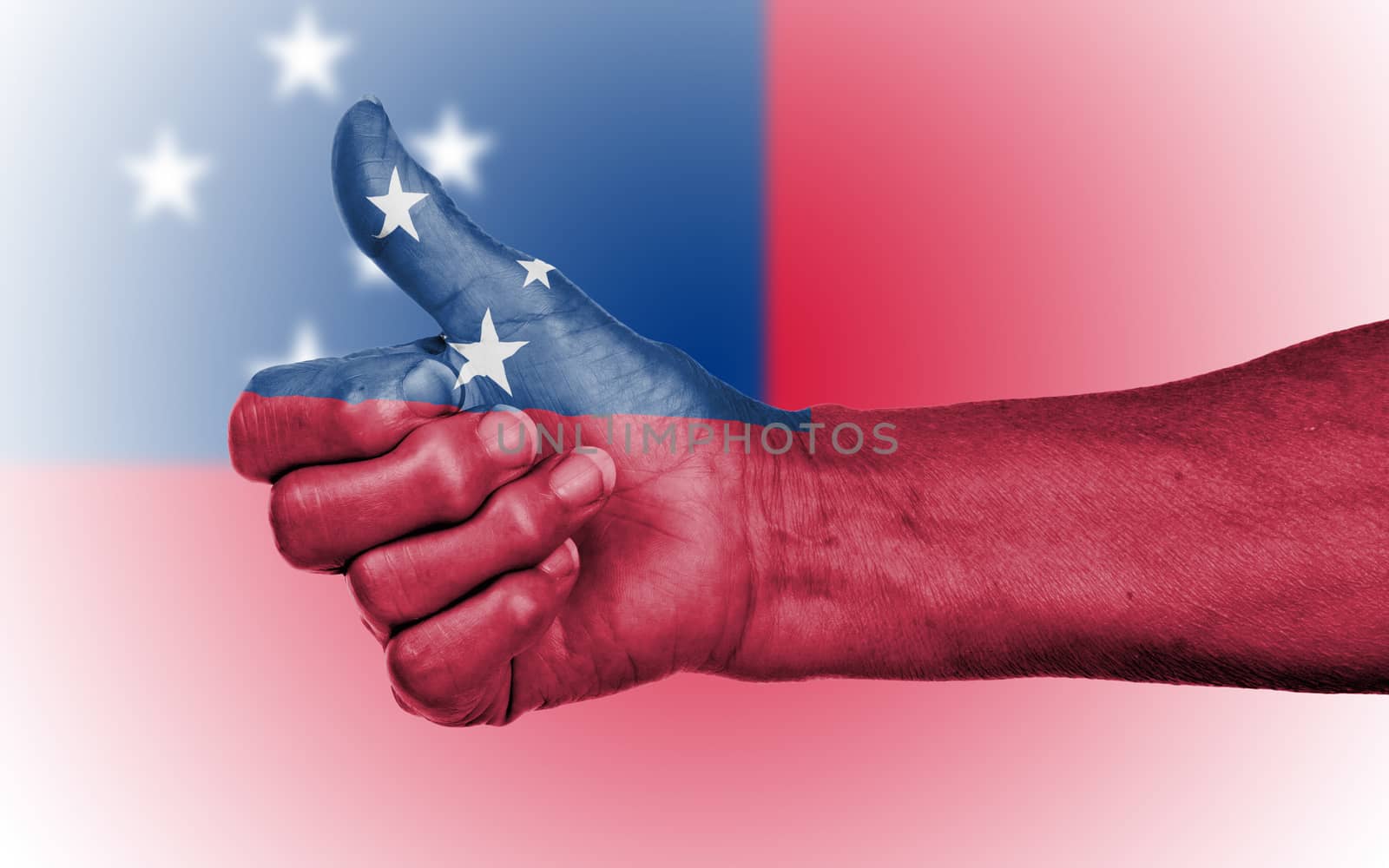 Old woman giving the thumbs up sign, isolated, flag of Samoa