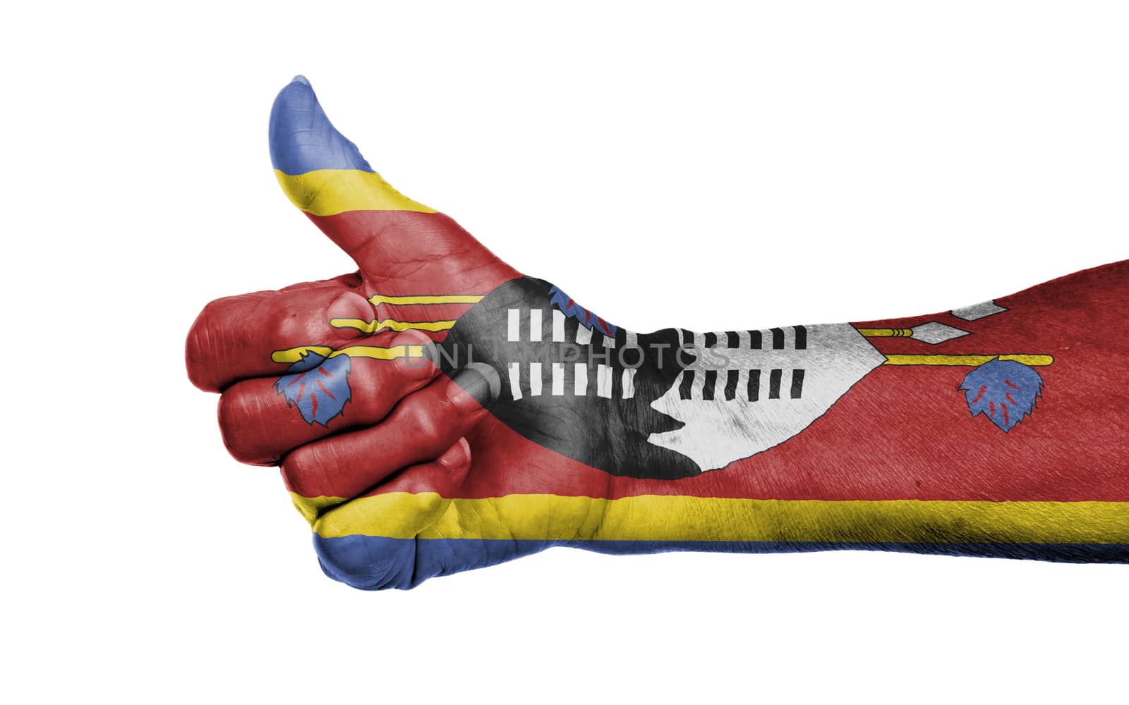 Old woman giving the thumbs up sign, isolated, flag of Swaziland