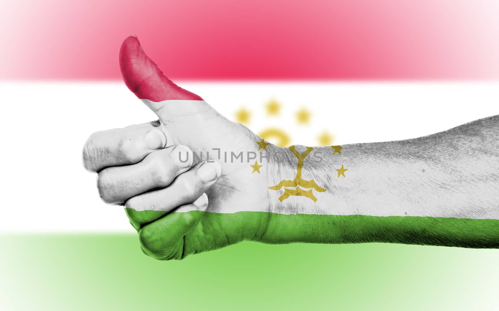 Old woman giving the thumbs up sign, isolated, flag of Tajikistan