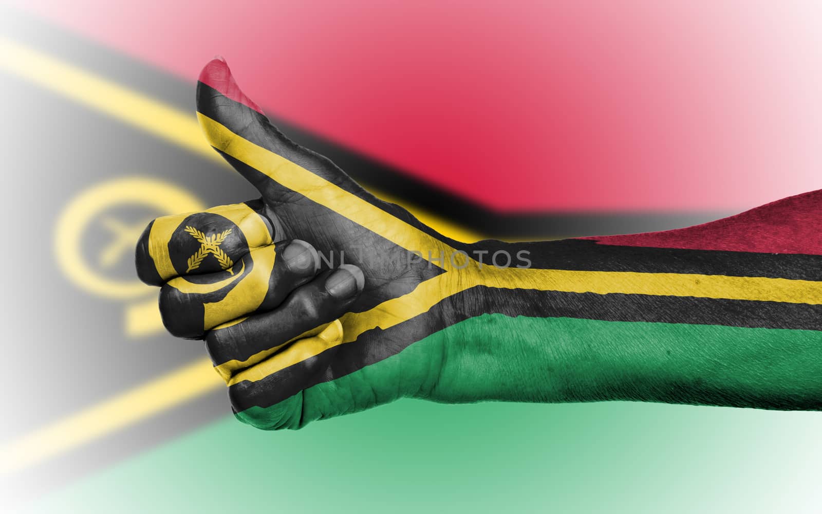 Old woman giving the thumbs up sign, isolated, flag of Vanuatu