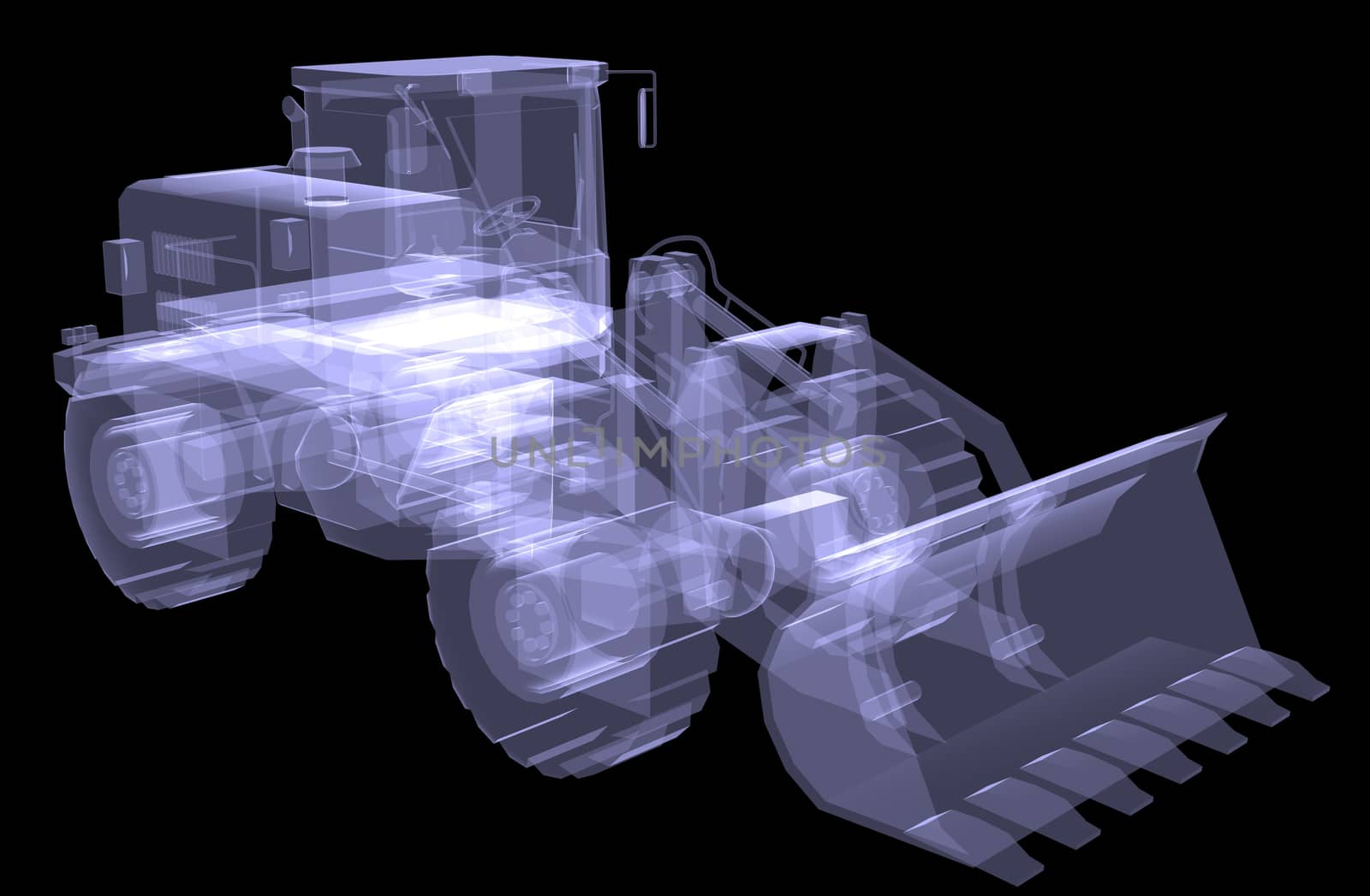 Bulldozer. X-ray. 3d render isolated on a black background