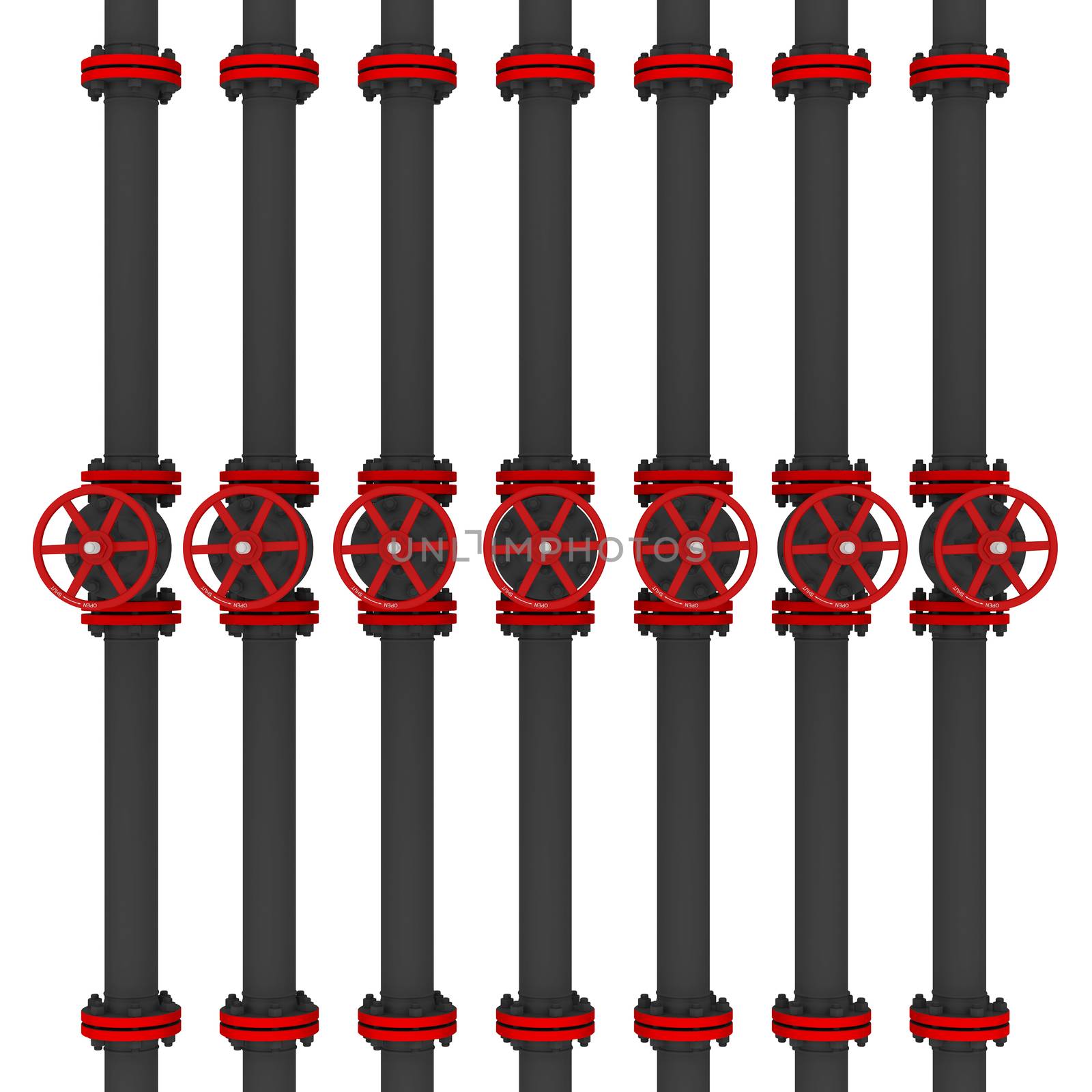 Black pipes and valves. Isolated render on a white background