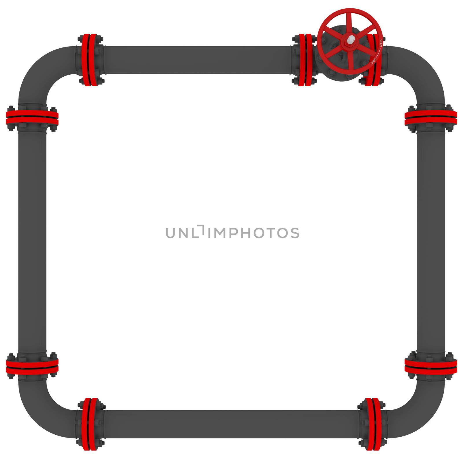 Banner of pipes and valves. Isolated render on a white background