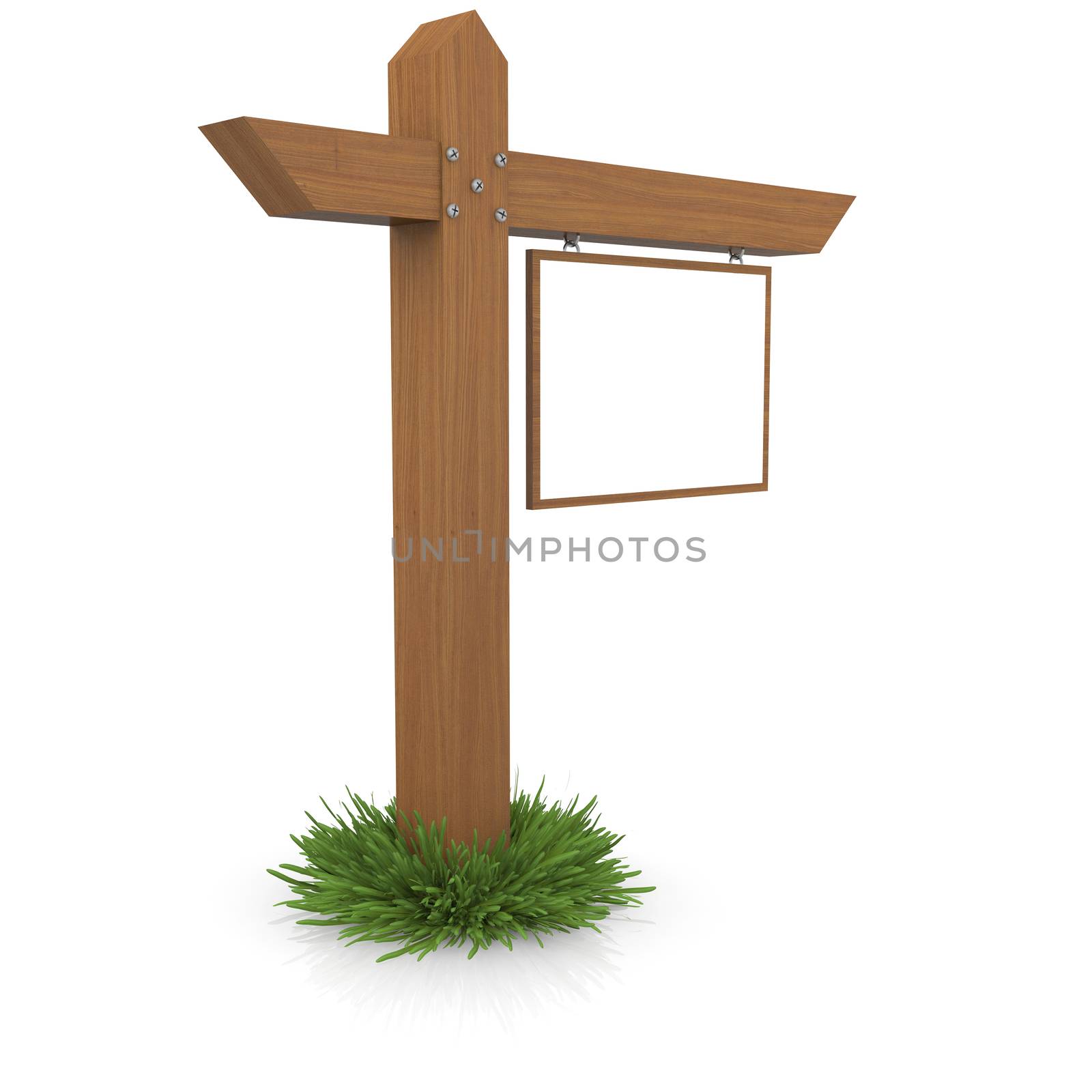 Wooden signboard in the grass. Isolated render on a white background