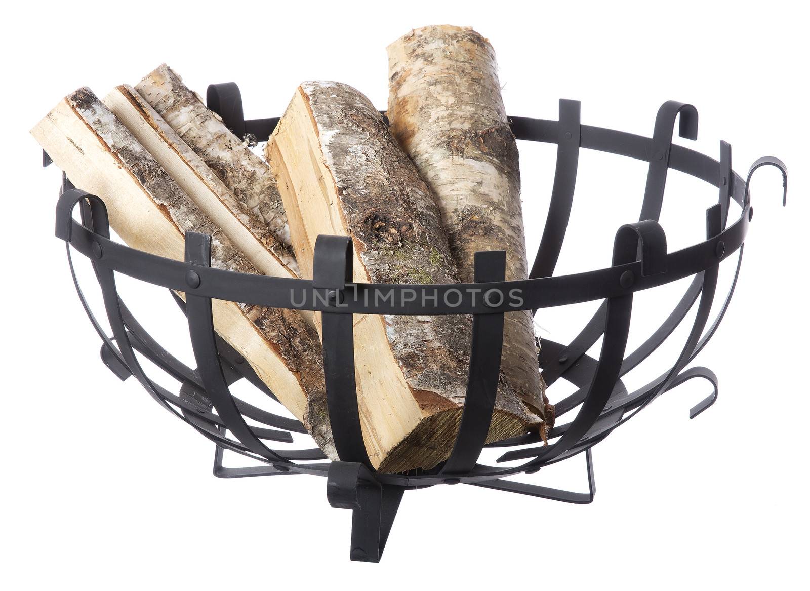 Firewood in a basket isolated on white background