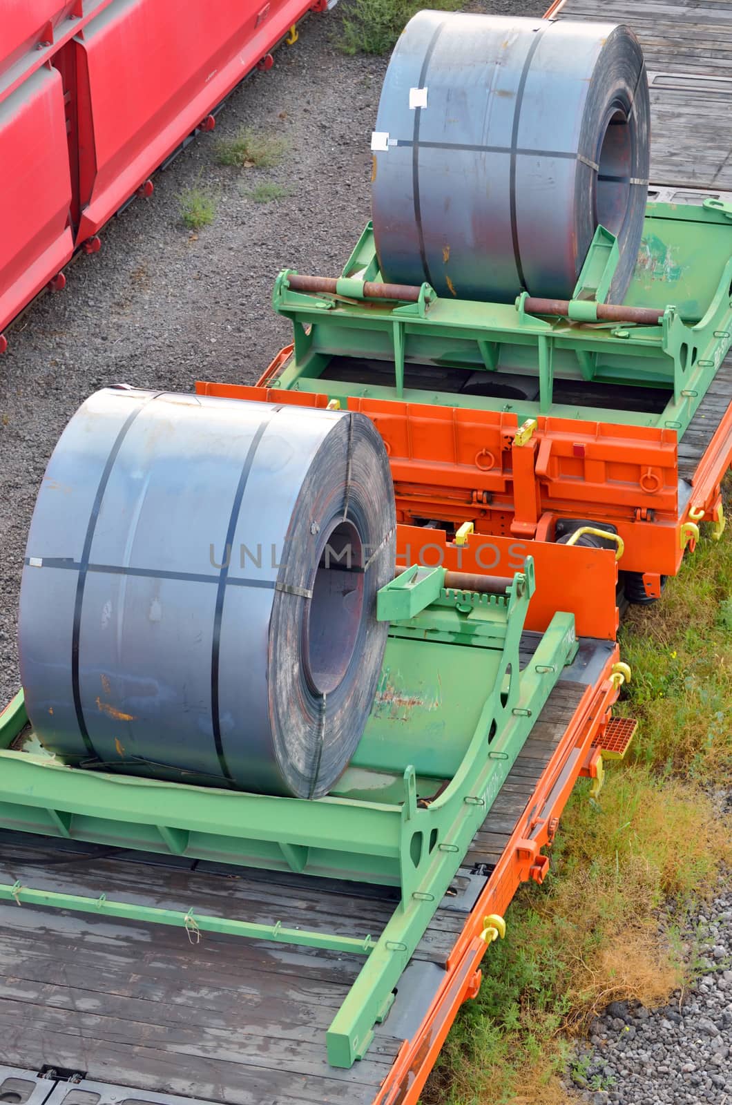 Cargo train platform with role steel seen from above