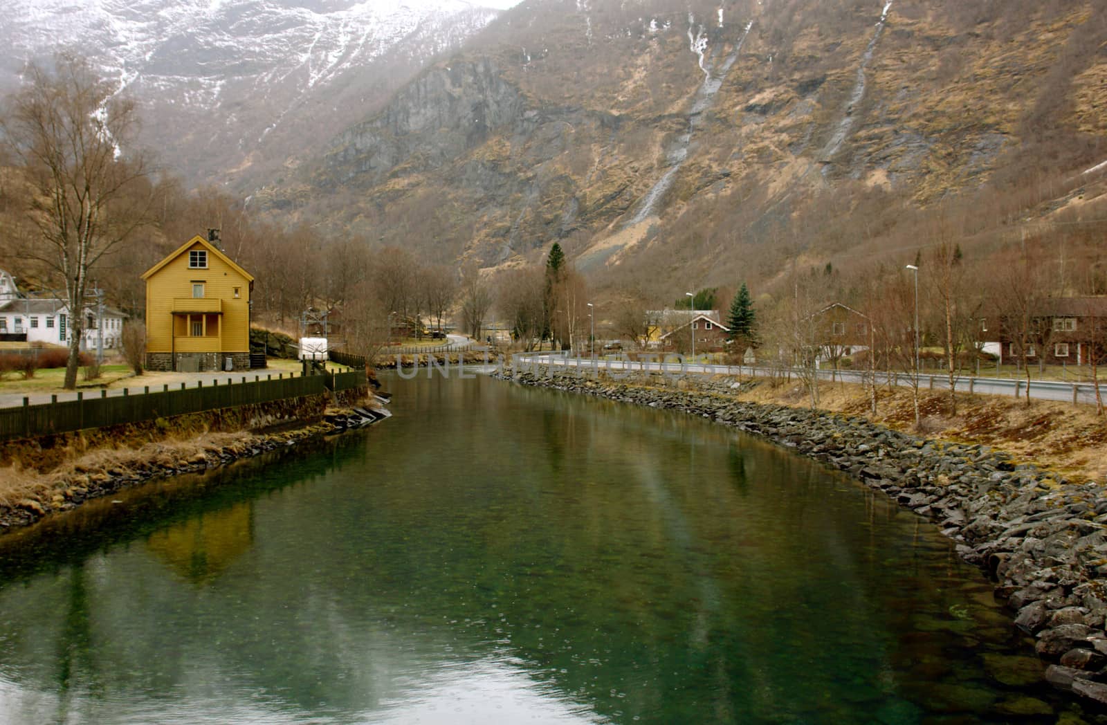 River passing trough Flam, a picturesque village in Norway mountains
