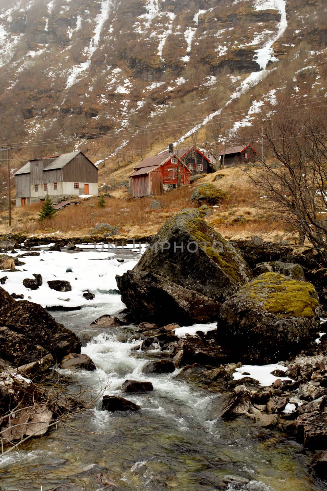 Norway tipical rural hut and river lanscape