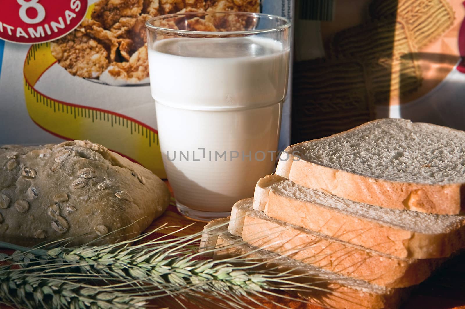 Breakfast with bread, cereals and milk