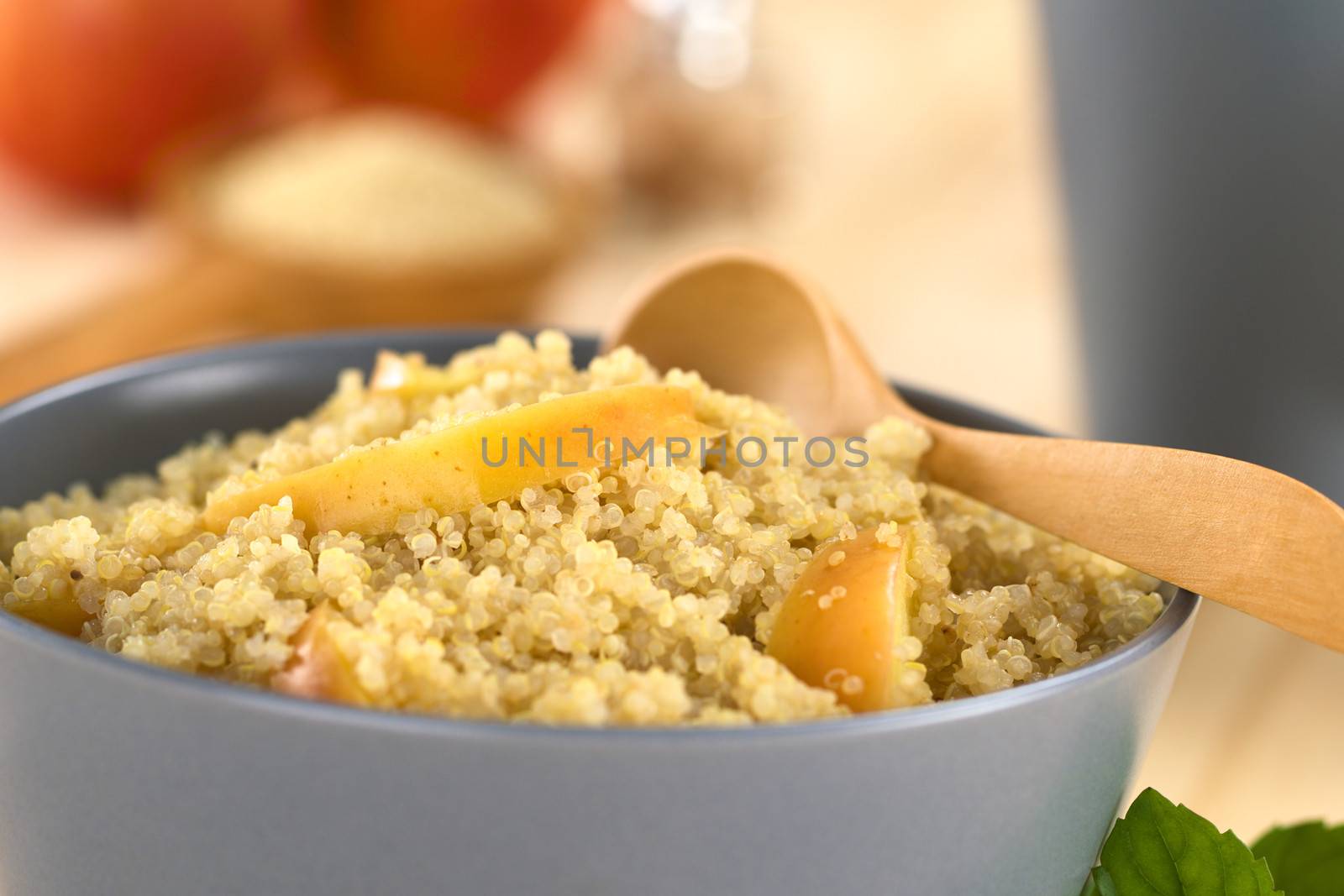 Quinoa porridge with apple and cinnamon, which is a traditional Peruvian breakfast (Selective Focus, Focus on the apple slice in the middle of the porridge)