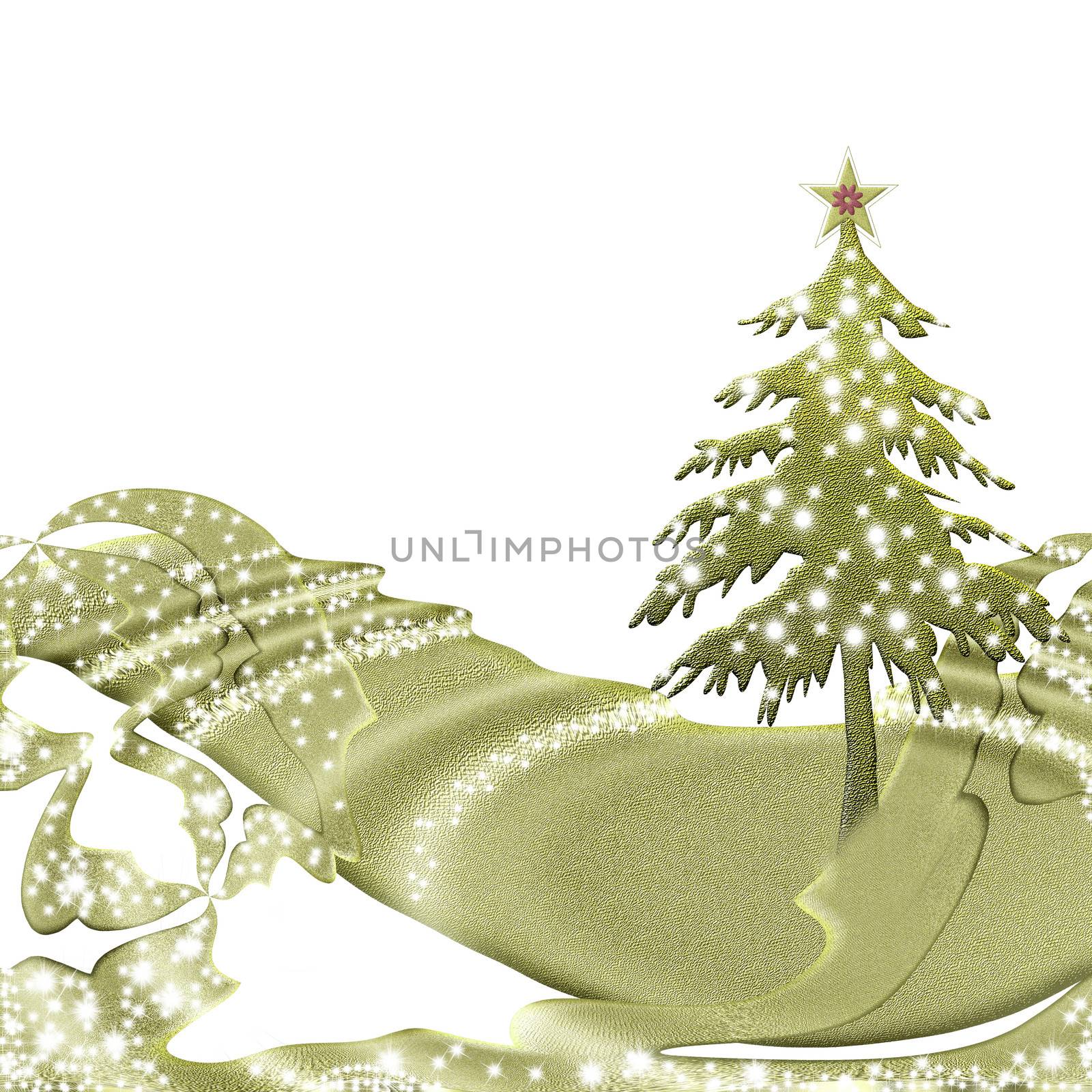 Christmas card, fir on a gold background with luminous stars isolated on white with copy space