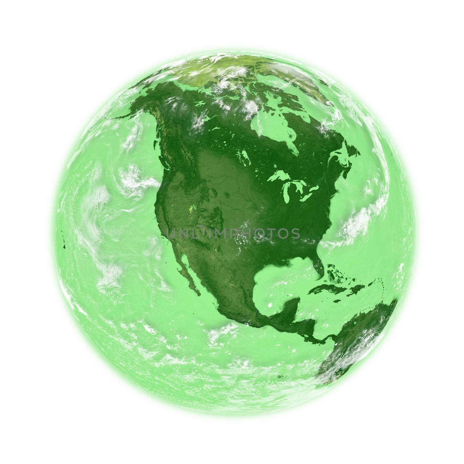North America on green planet Earth isolated on white background. Elements of this image furnished by NASA.
