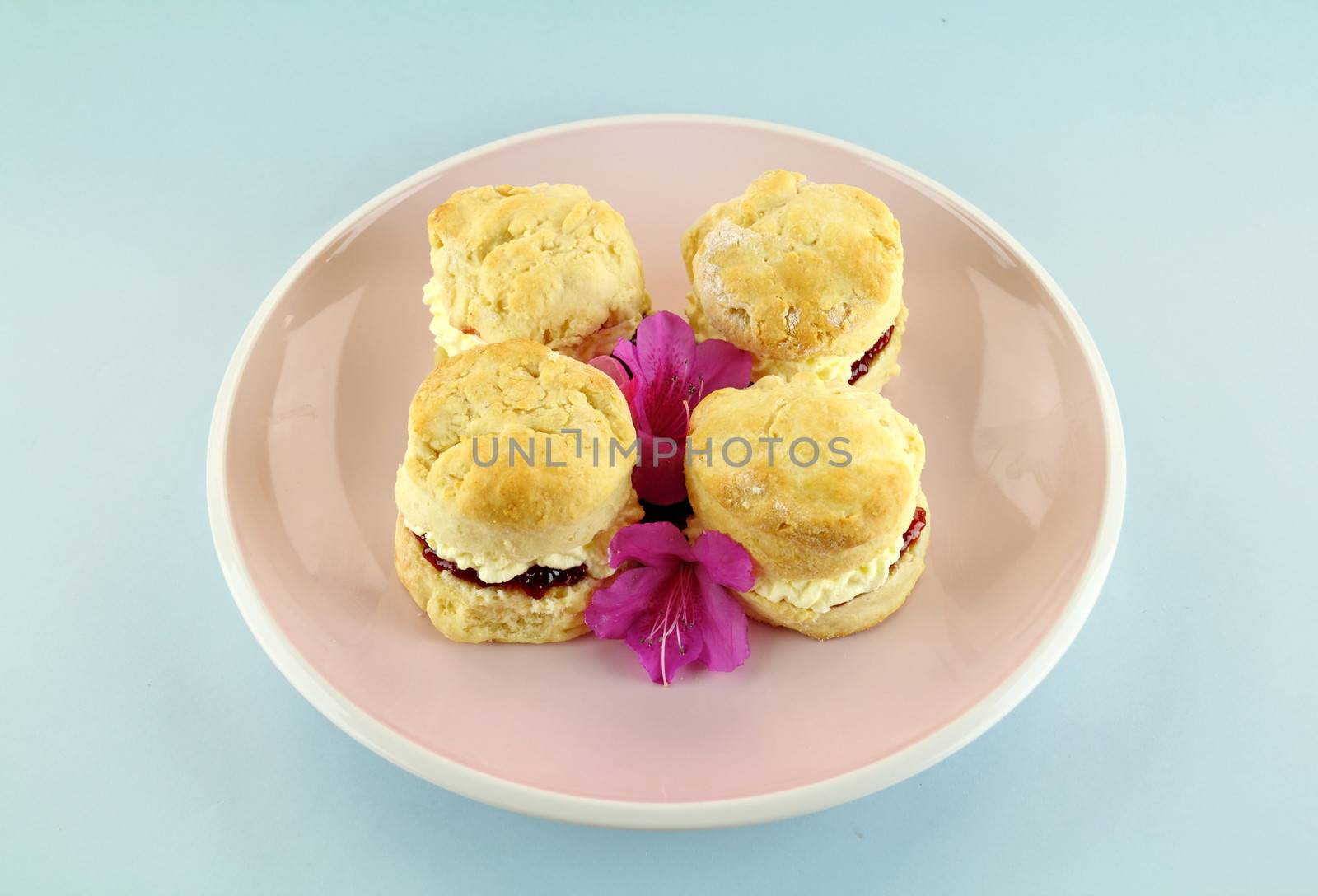 Fresh baked homemade scones with jam and cream on a plate.