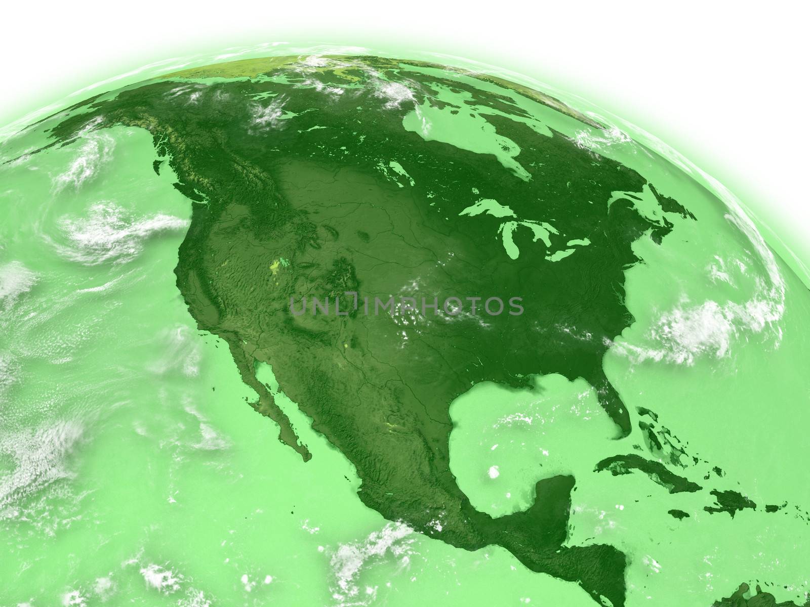 North America on green planet Earth isolated on white background. Elements of this image furnished by NASA.