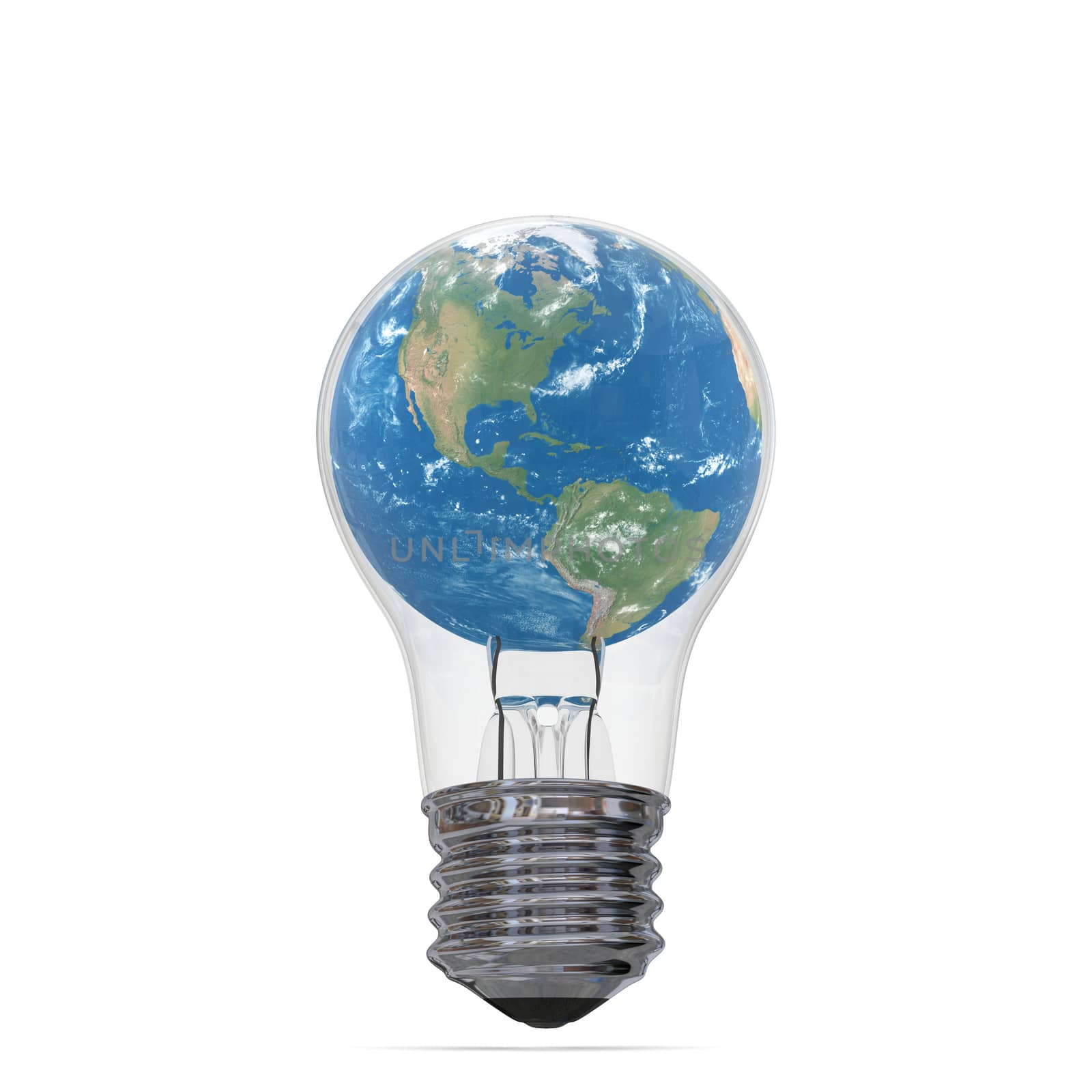 Planet Earth inside lightbulb isolated on white background