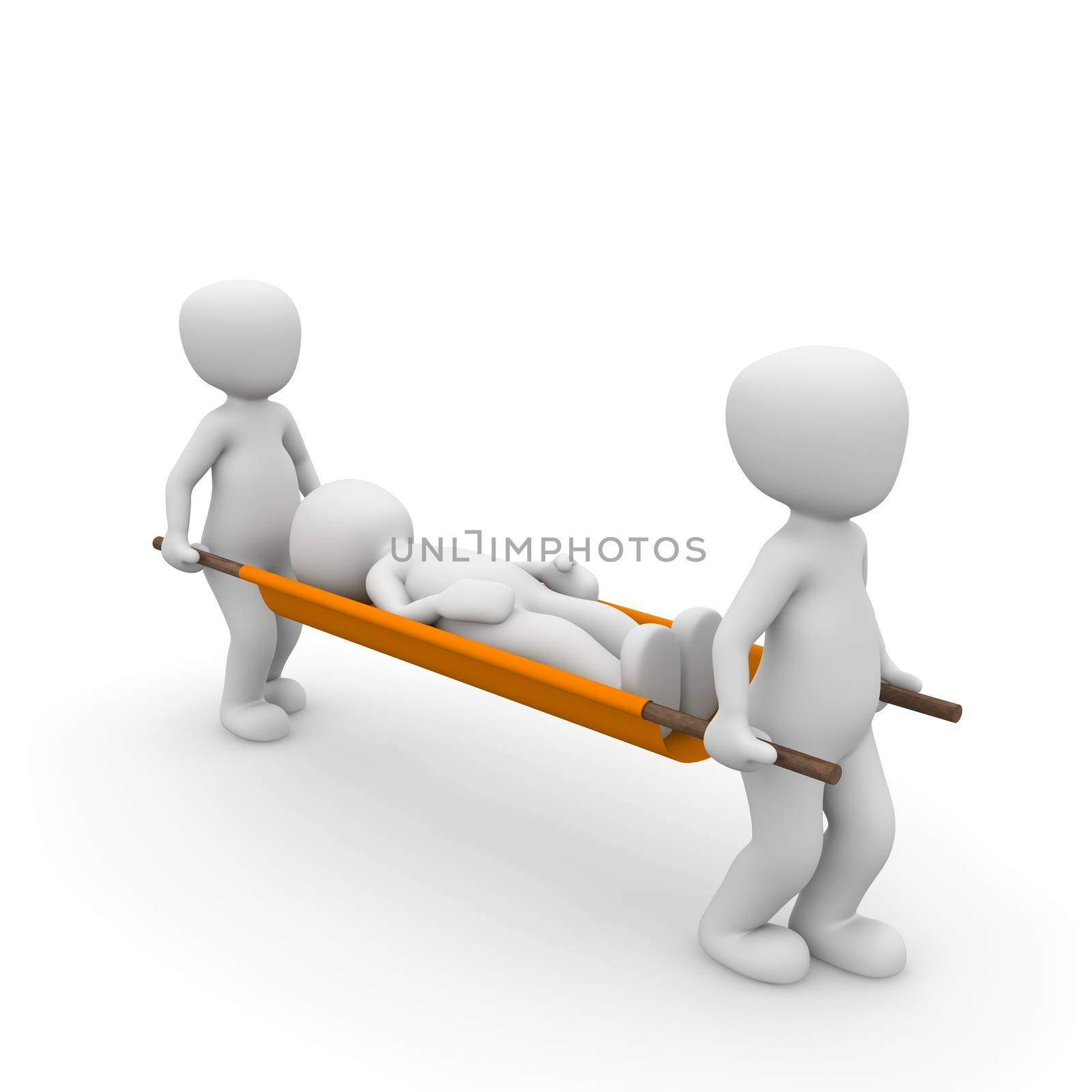 Two character carrying a third on a ambulance stretcher.