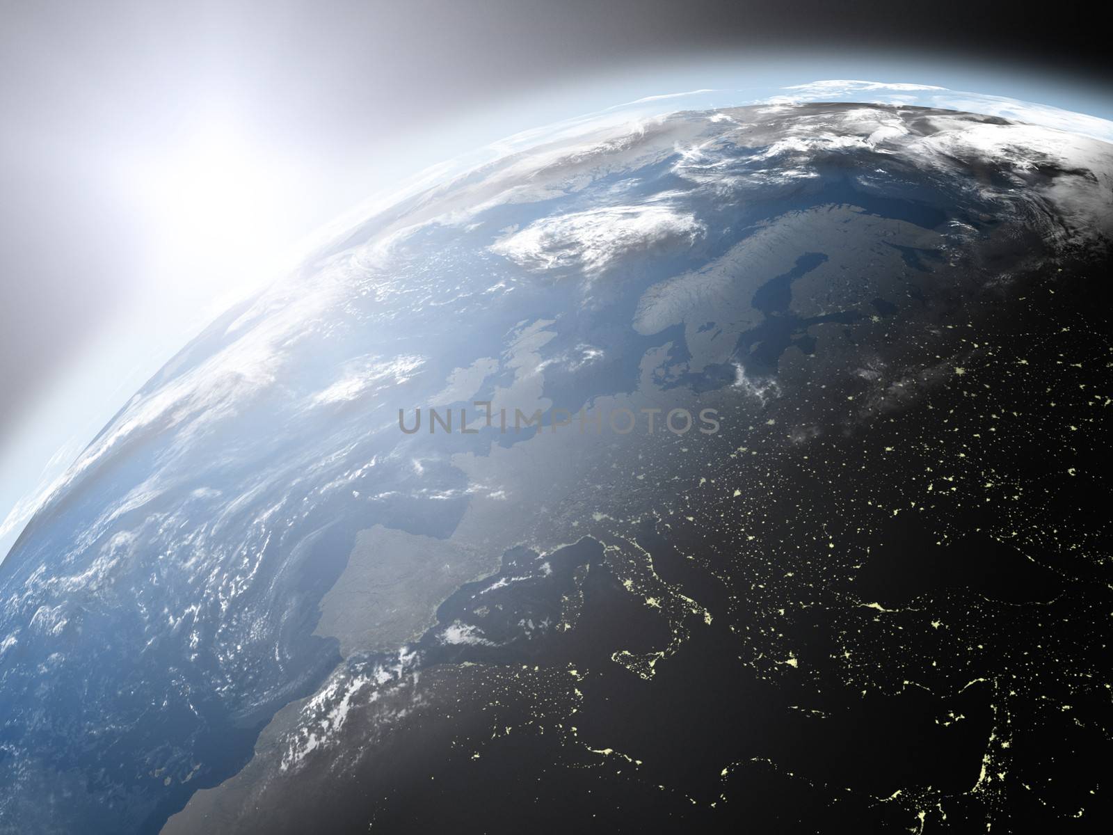 Space view of the sun rising over Europe on blue planet Earth. Elements of this image furnished by NASA.