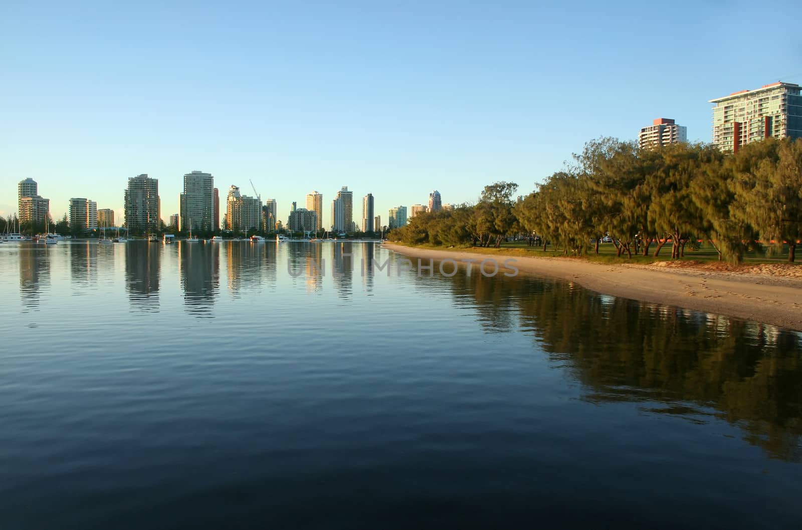 Main Beach Gold Coast Australia seen from Southport across the Broadwater at sunrise.