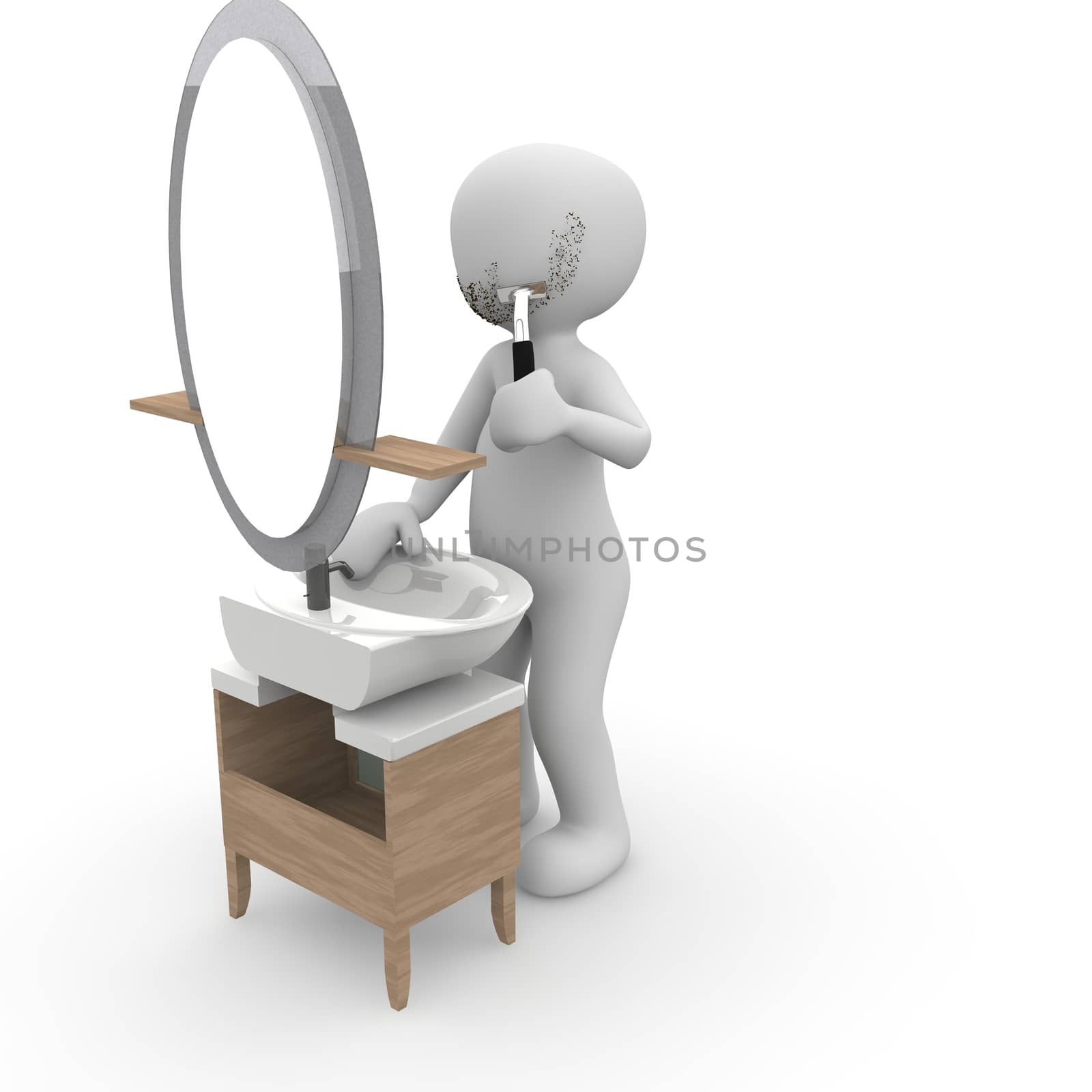 A character shaves in front of mirror.