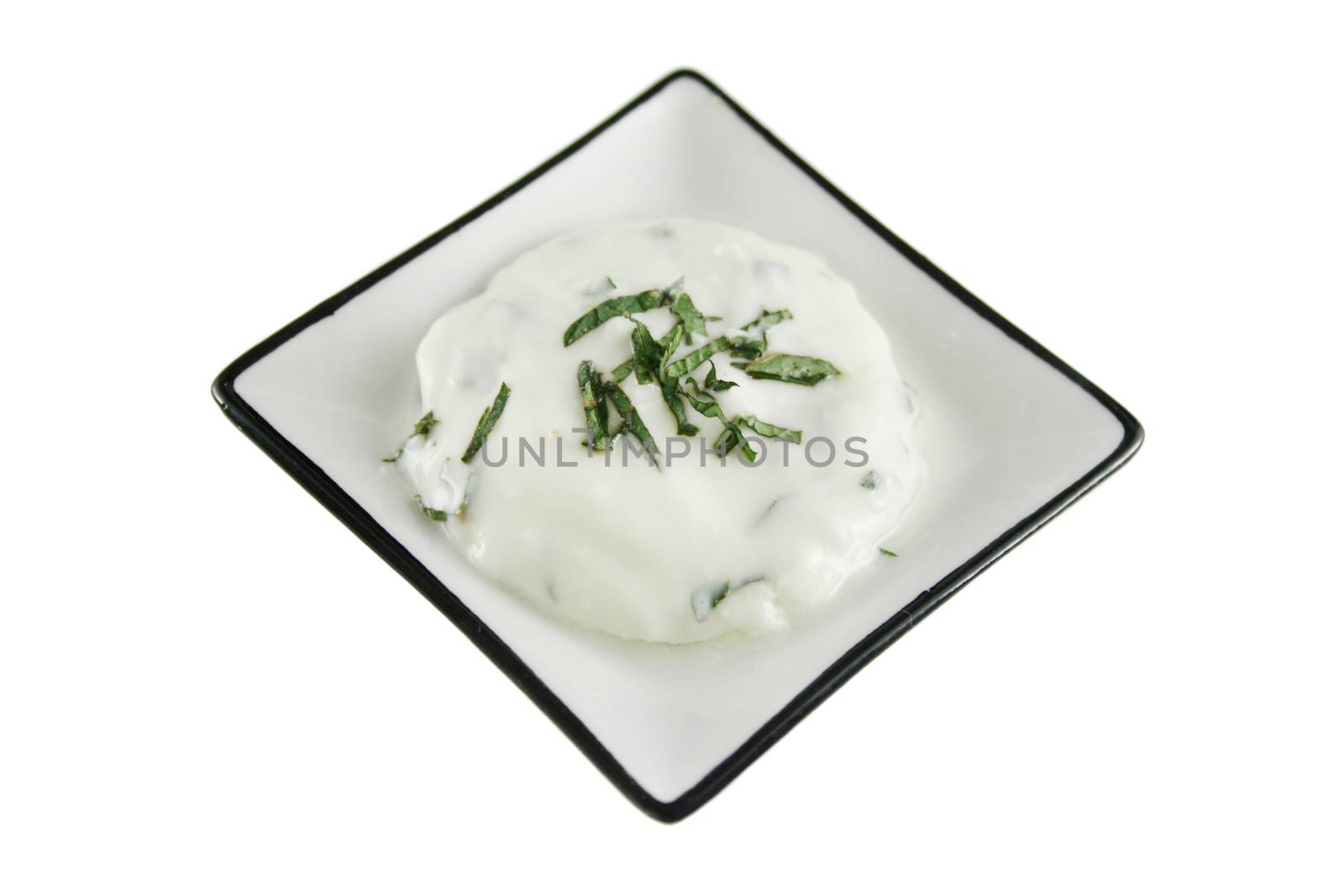 Delicate tray of delicious yoghurt with shredded mint.