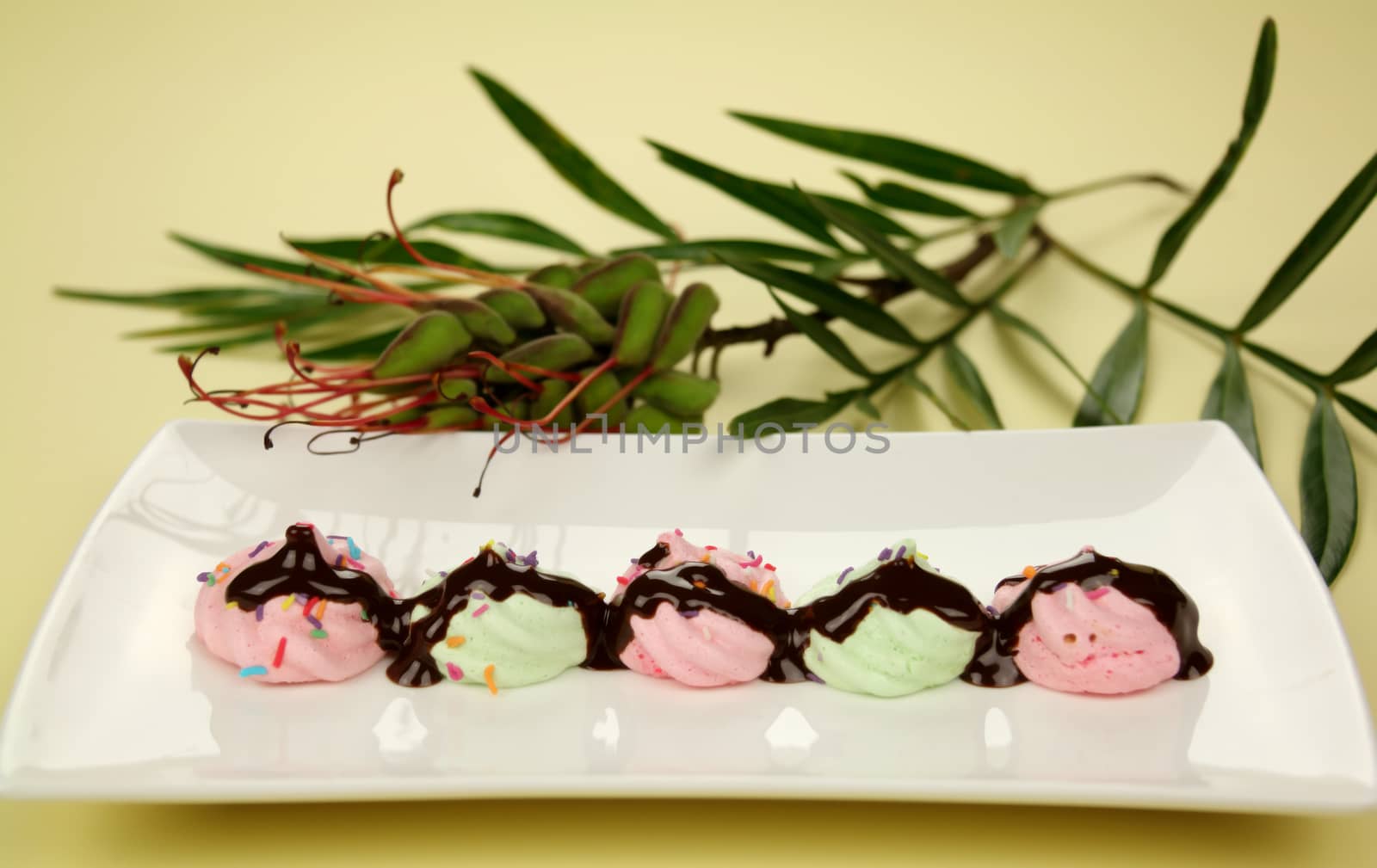 A line of chocolate mini meringues on a plate ready to serve.