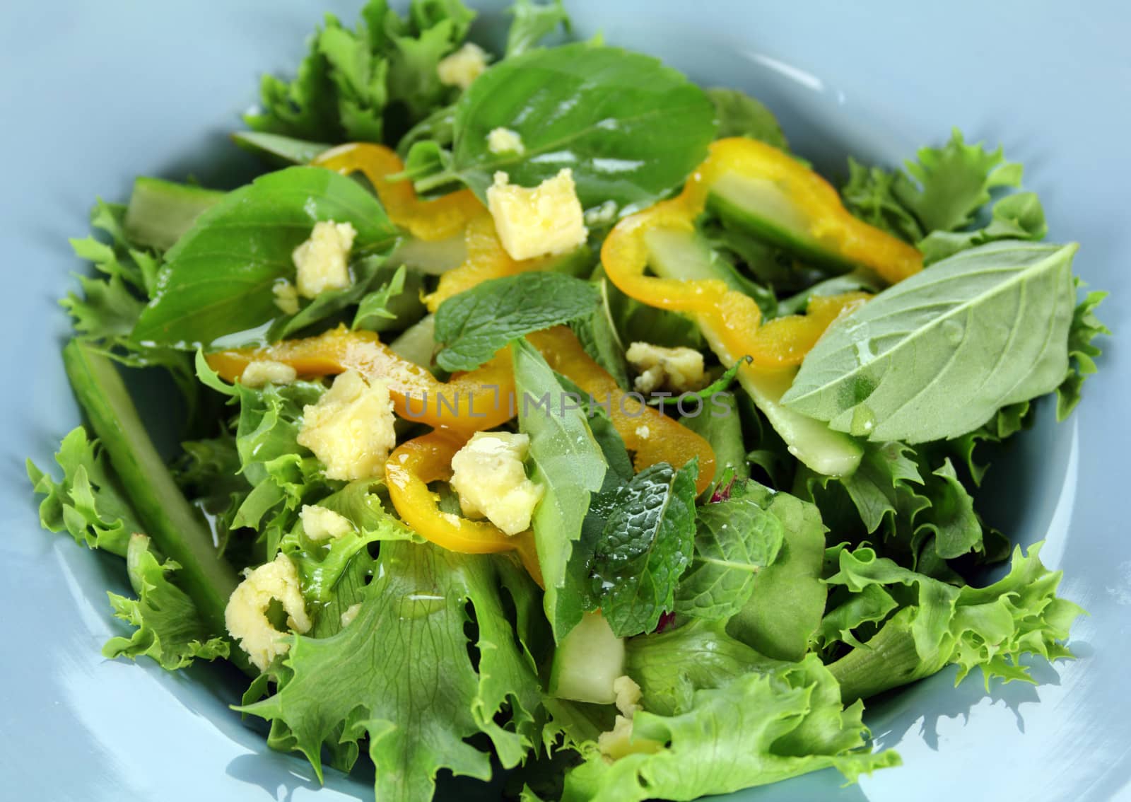 Delicious mixed leaf salad with blue cheese dressed with olive oil.