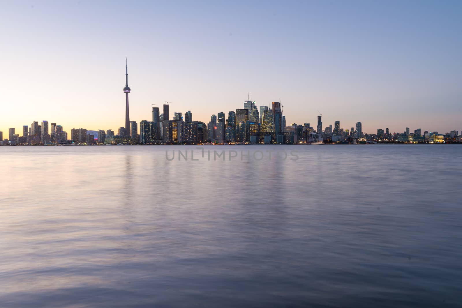 Backlit scene of downtown Toronto during early winter time