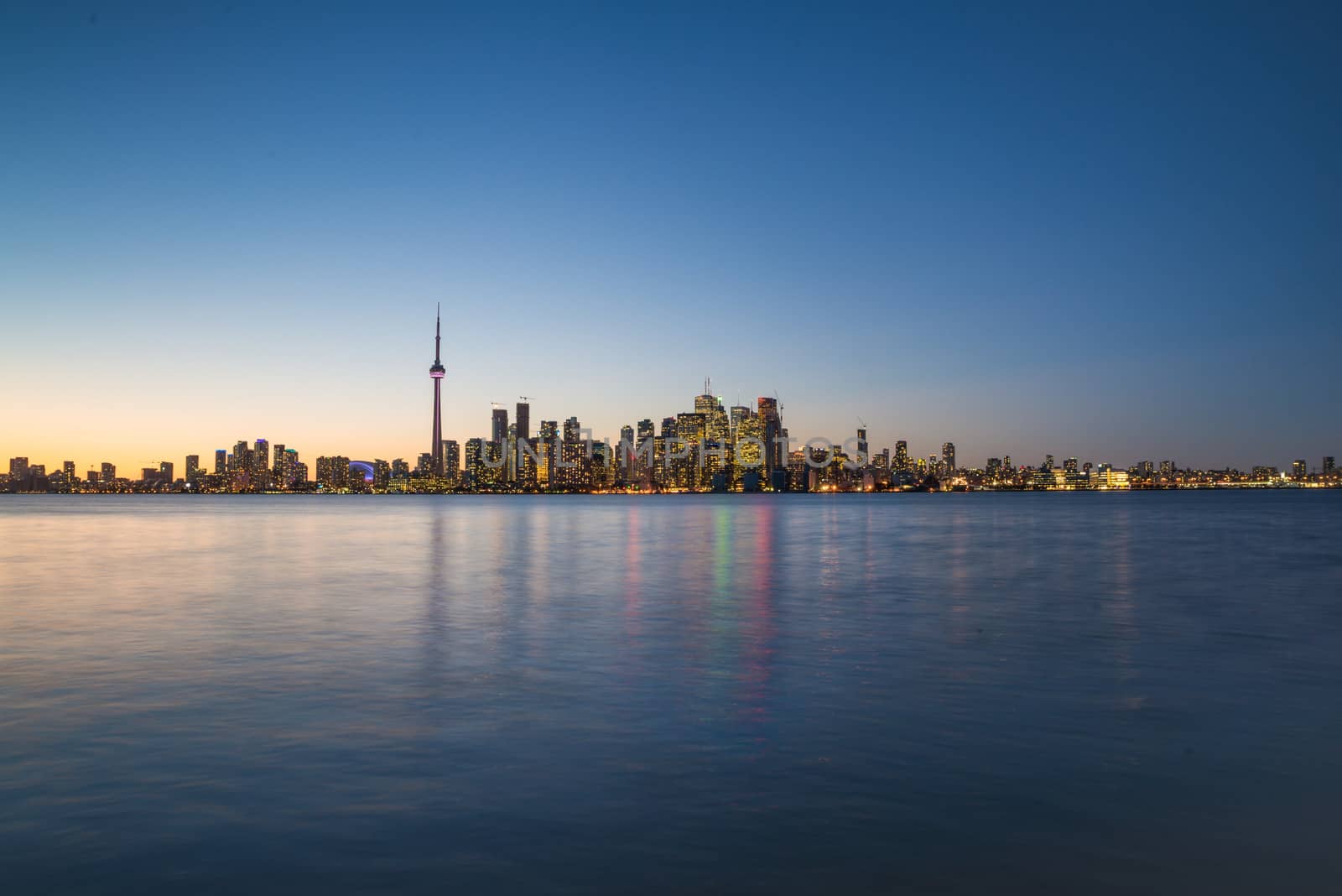 Backlit scene of downtown Toronto during early winter time