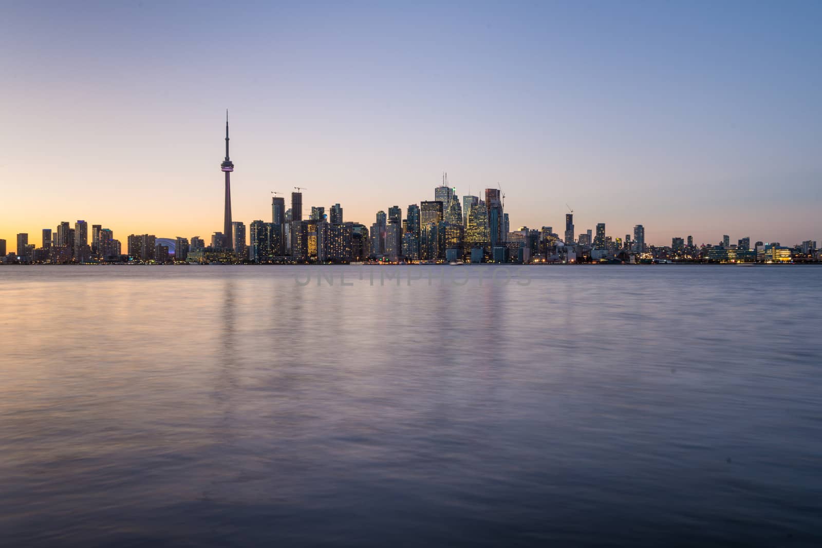 Backlit scene of downtown Toronto during early winter time