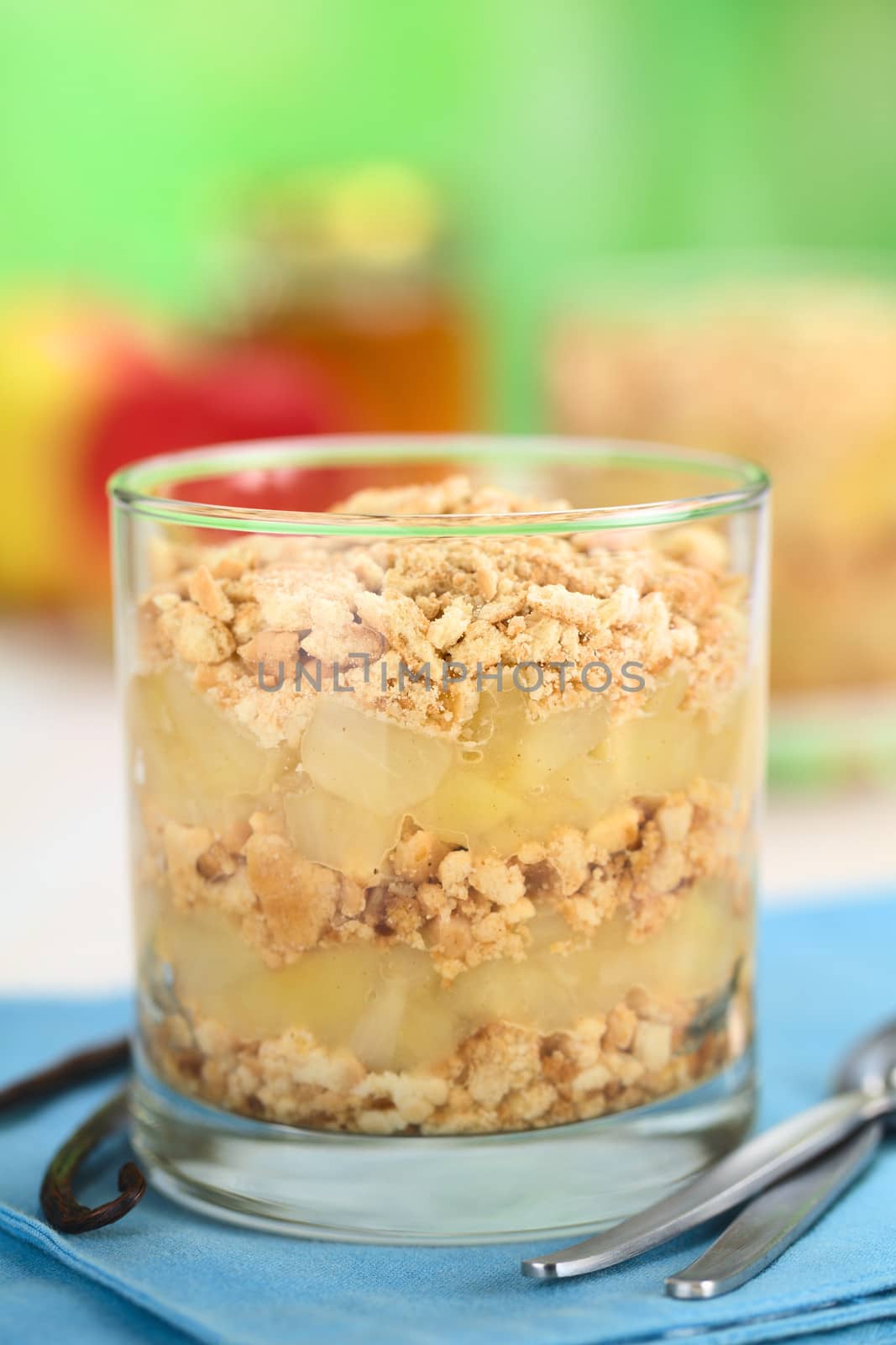 Simple no-bake Danish apple cake called Aeblekage made of stewed apple and vanilla cookie crumbs served in glass with spoon and vanilla on the side (Selective Focus, Focus on the front of the two upper layers)