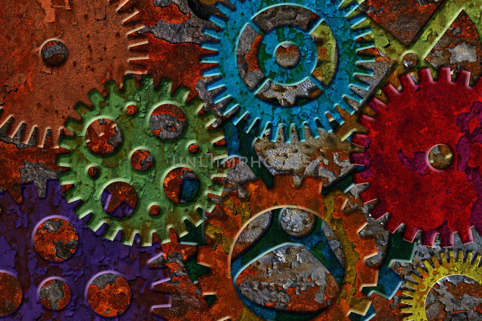 Rusty Colorful Metal Gears on Grunge Texture Background