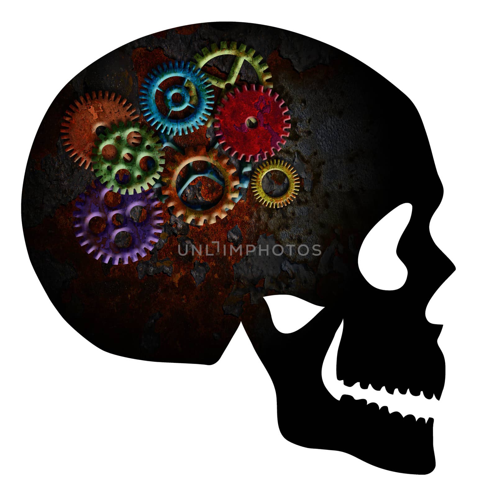 Rusty Colorful Metal Gears on Skull Silhouette Grunge Texture Isolated on White Background