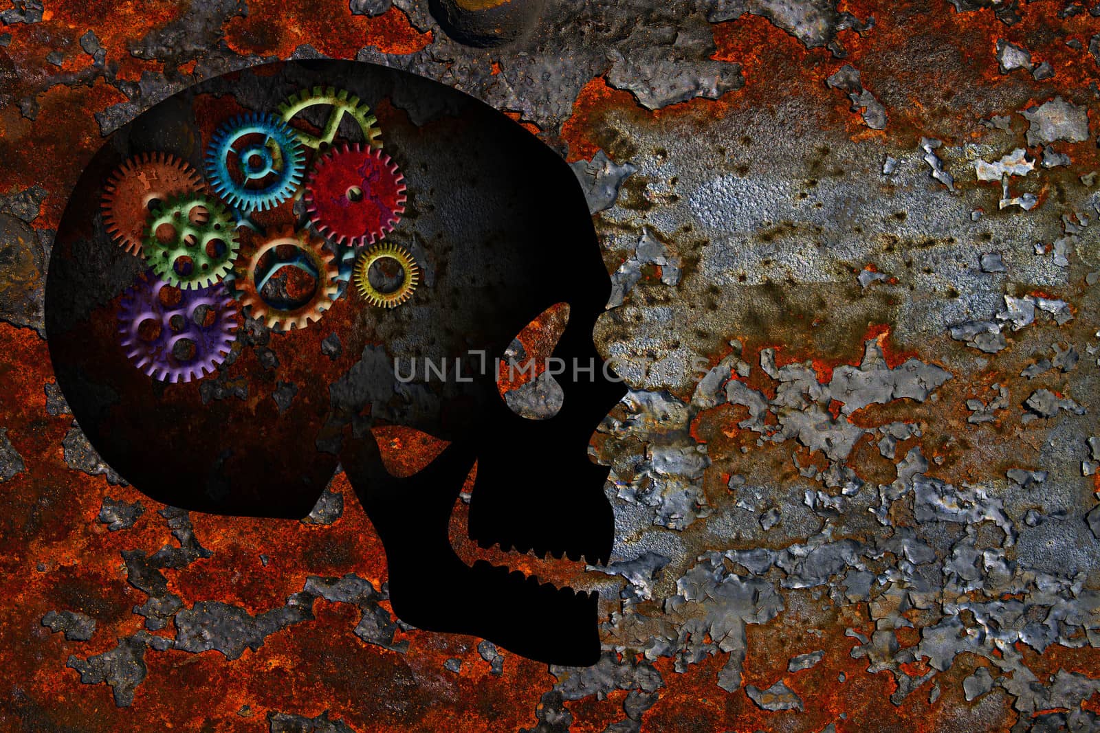 Rusty Colorful Metal Gears on Skull Silhouette Grunge Texture Background