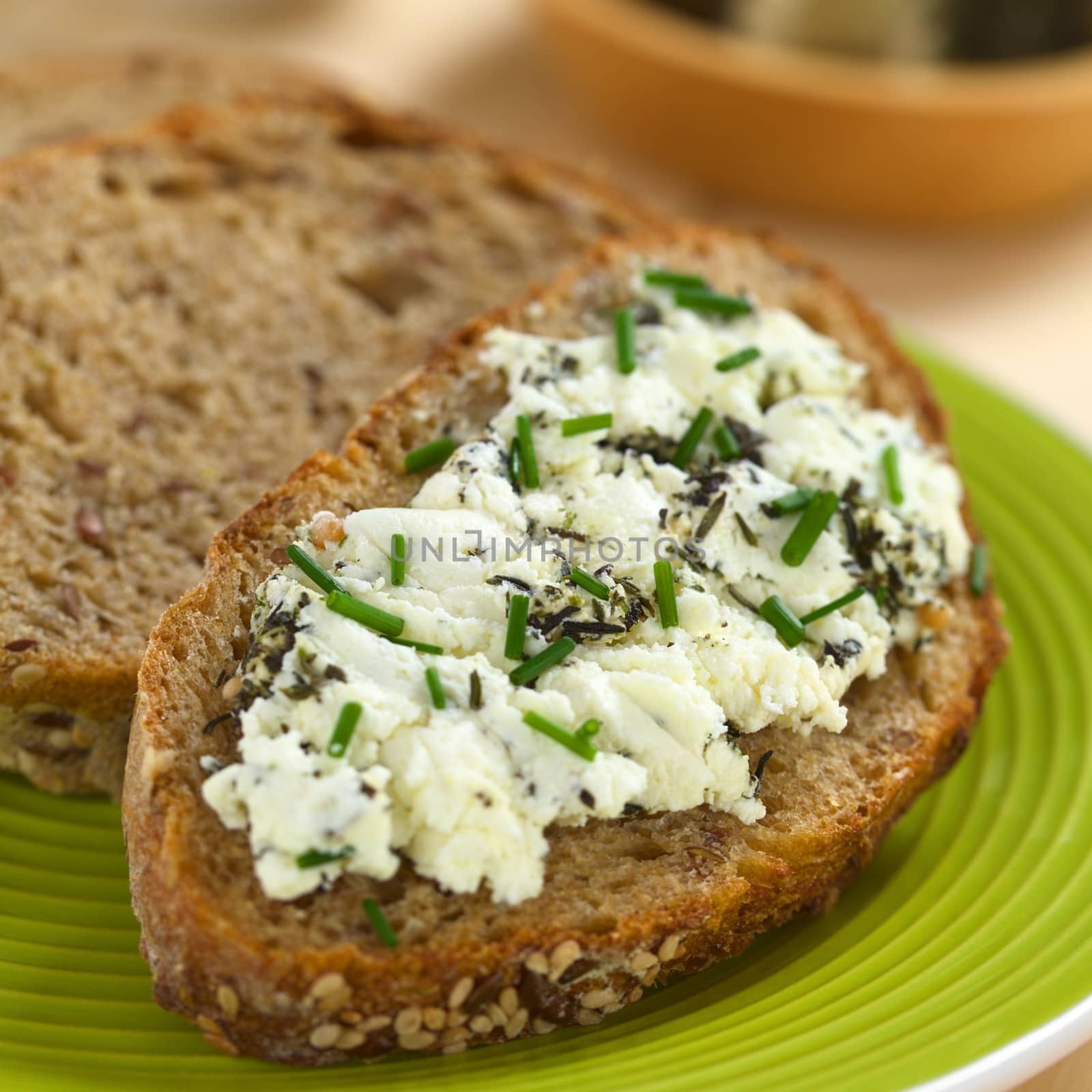 Slice of wholegrain bread spread with goat cheese with herbs with chives on top (Selective Focus, Focus one third into the cheese) 