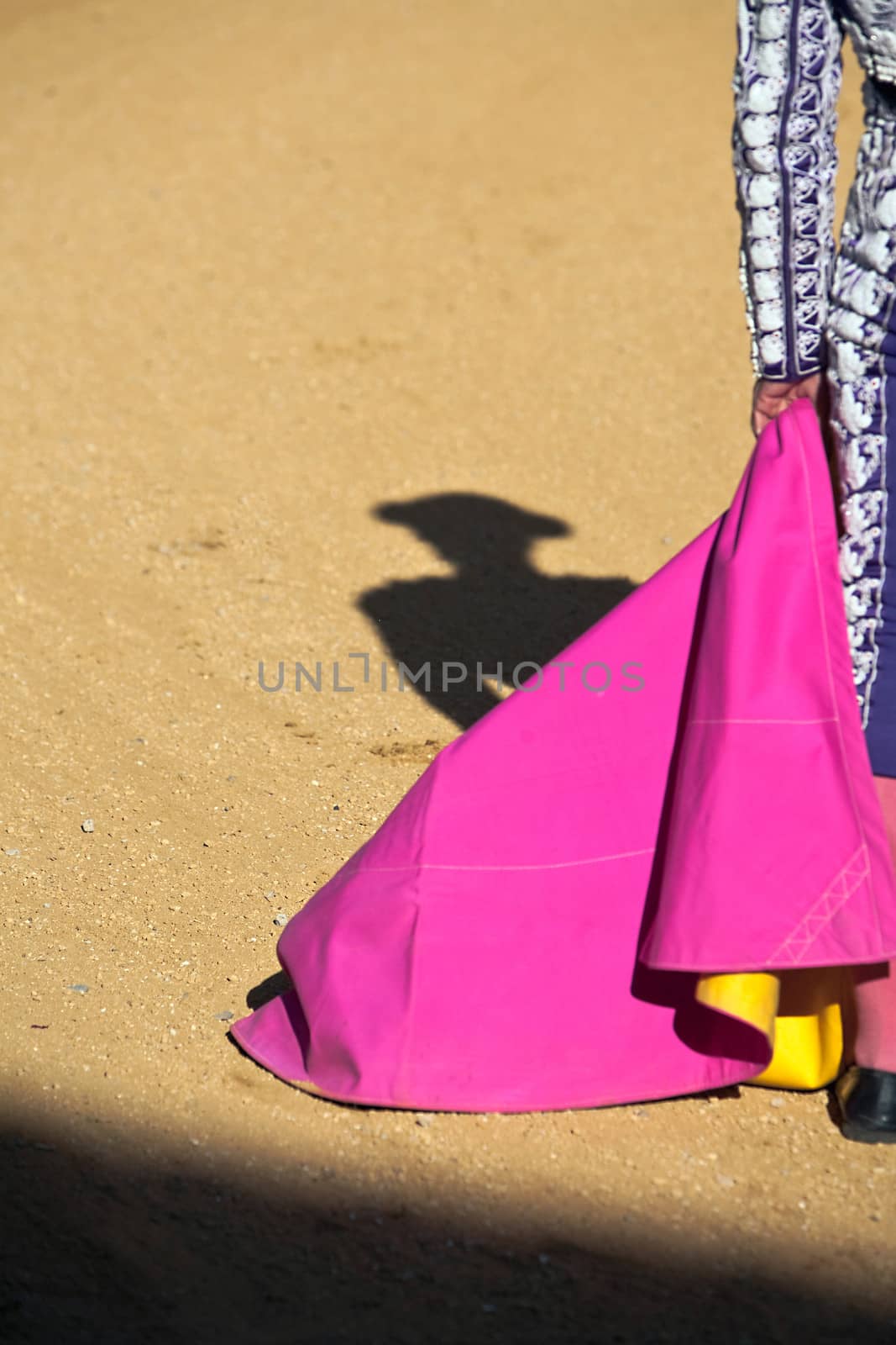 Shadow of a bullfighter by holding the cape in a bullfight, Spain