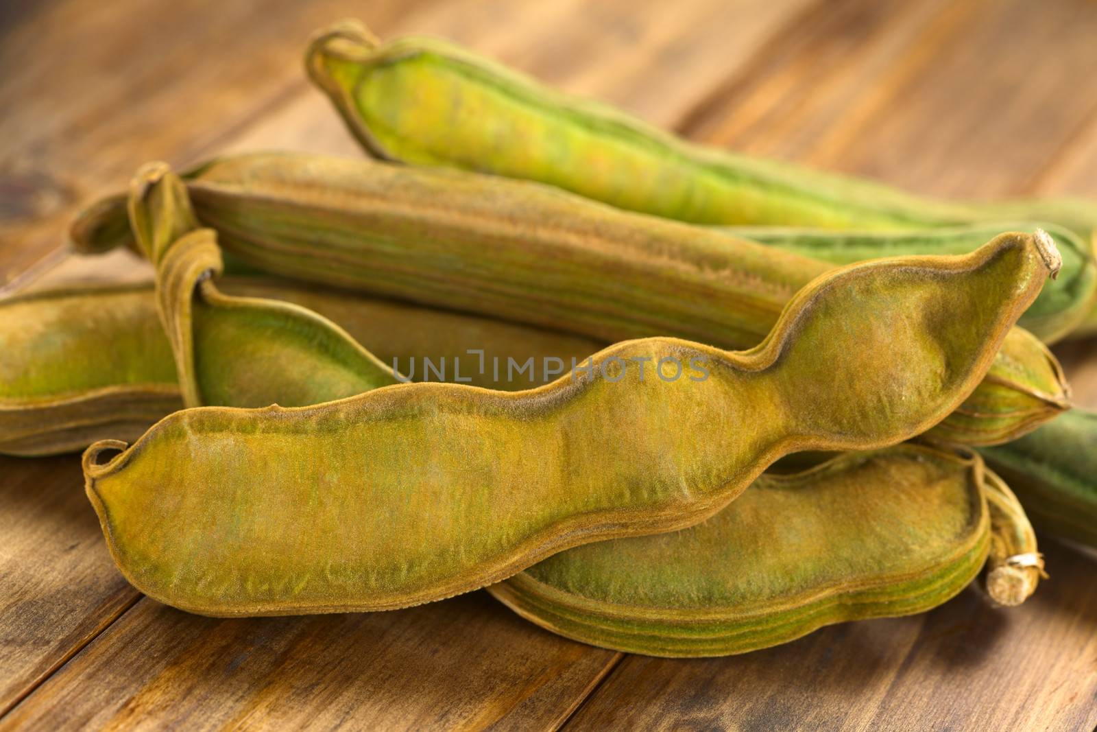 Peruvian fruit called Pacay (lat. Inga feuilleei), which is a podded fruit of which the sweet white pulp surrounding the seeds is being eaten (Selective Focus, Focus on the lower two thirds of the first pacay))