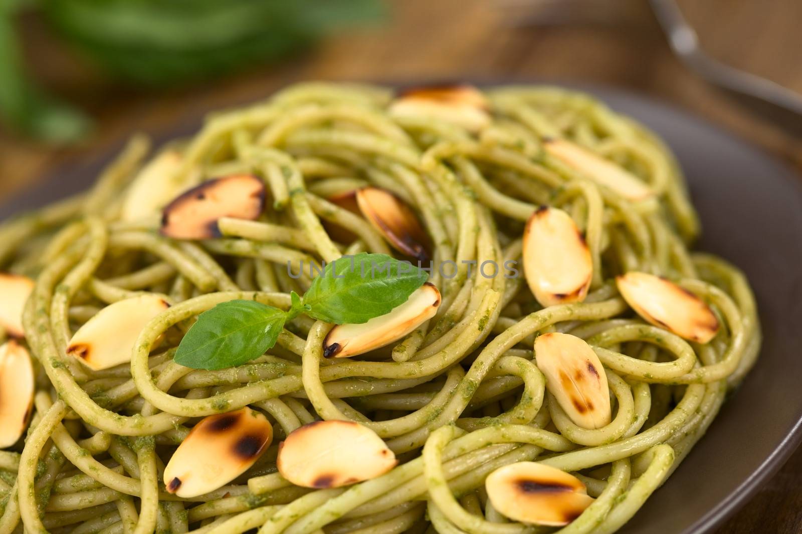Pasta with pesto made of basil and spinach garnished with roasted almonds served on a brown plate (Selective Focus, Focus on the basil leaf on the dish)  