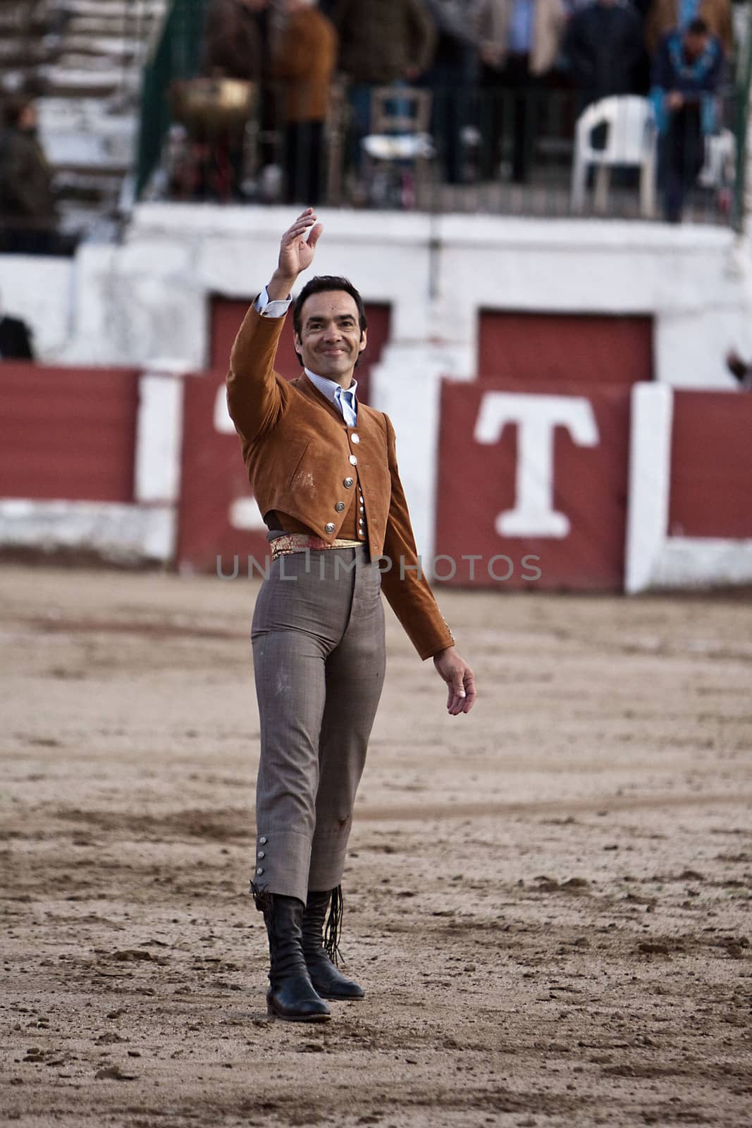 The spanish bullfighter Manuel Jesus "El Cid" greeting the public in gratitude by its spectacle in Linares, province of Jaen, Spain, Spain 14 march 2010