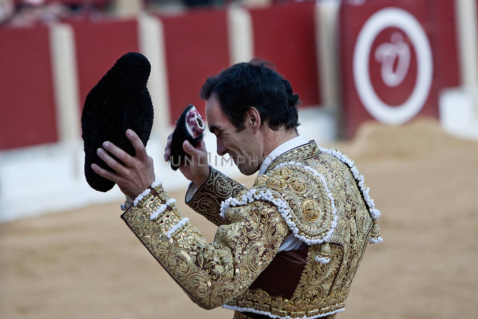 The spanish bullfighter Manuel Jesus "El Cid"  to the turning of honour with an ear in his hand, Ubeda, province of Jaen, Spain, 1 october 2011