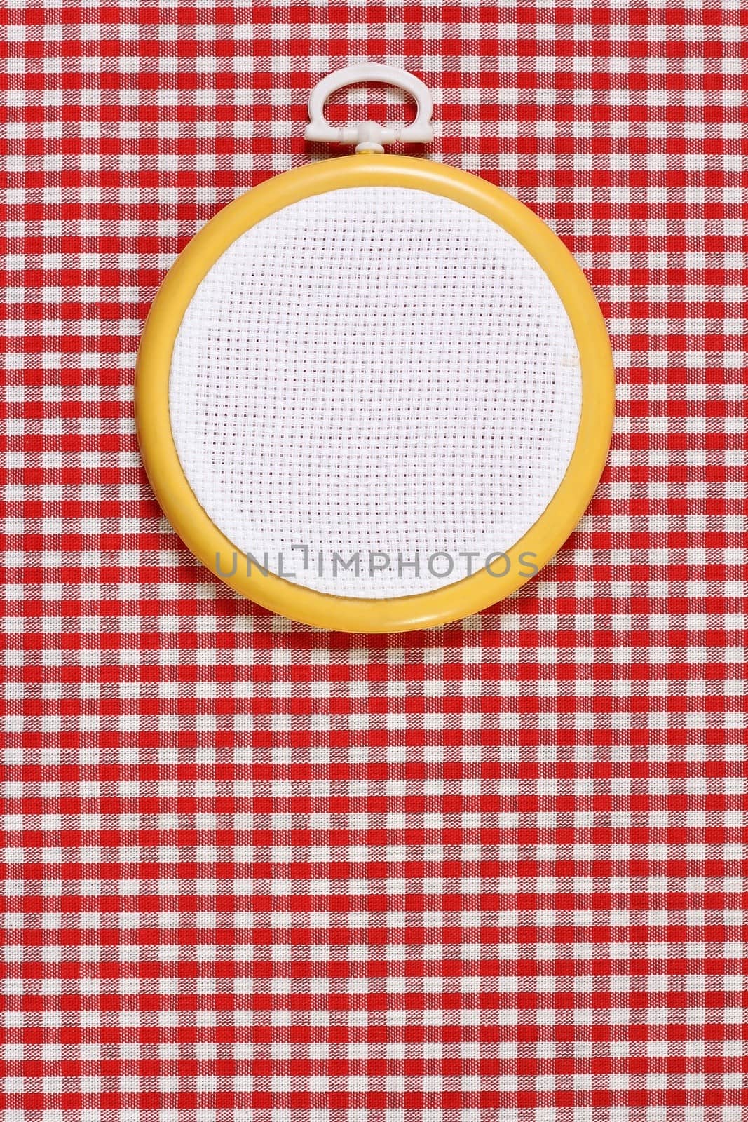 Hoop with a white canvas on a fabric background