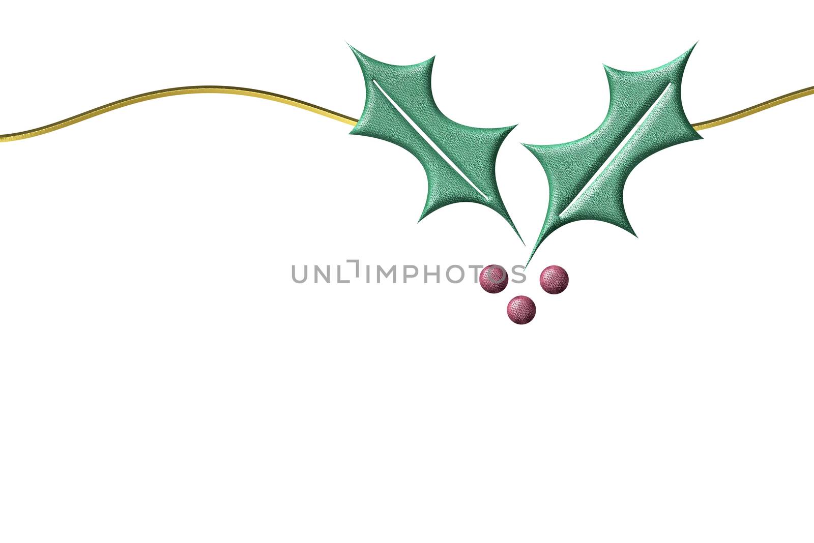 holly christmas card, gold colored metal isolated on white background with space for writing