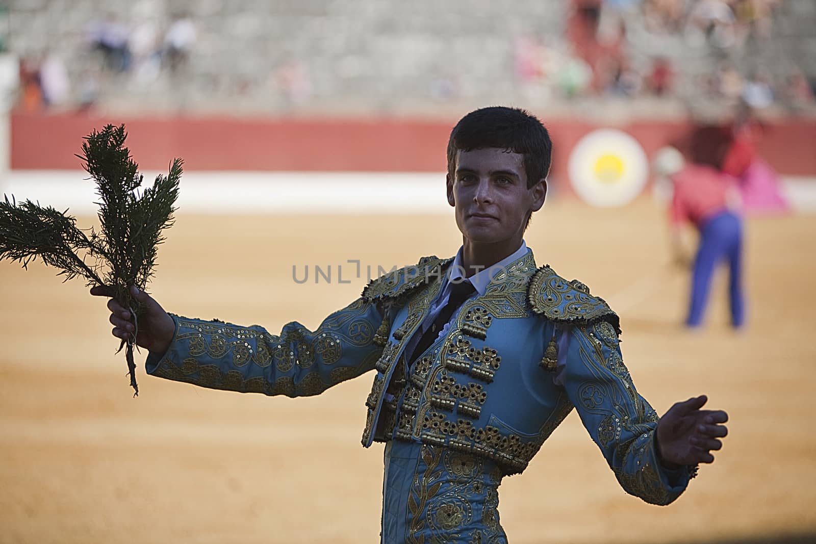 The Spanish Bullfighter David Galvan to the turning of honour with a bouquet of Rosemary in his hand, Baeza, province of Jaen, Spain, 27 june 2009