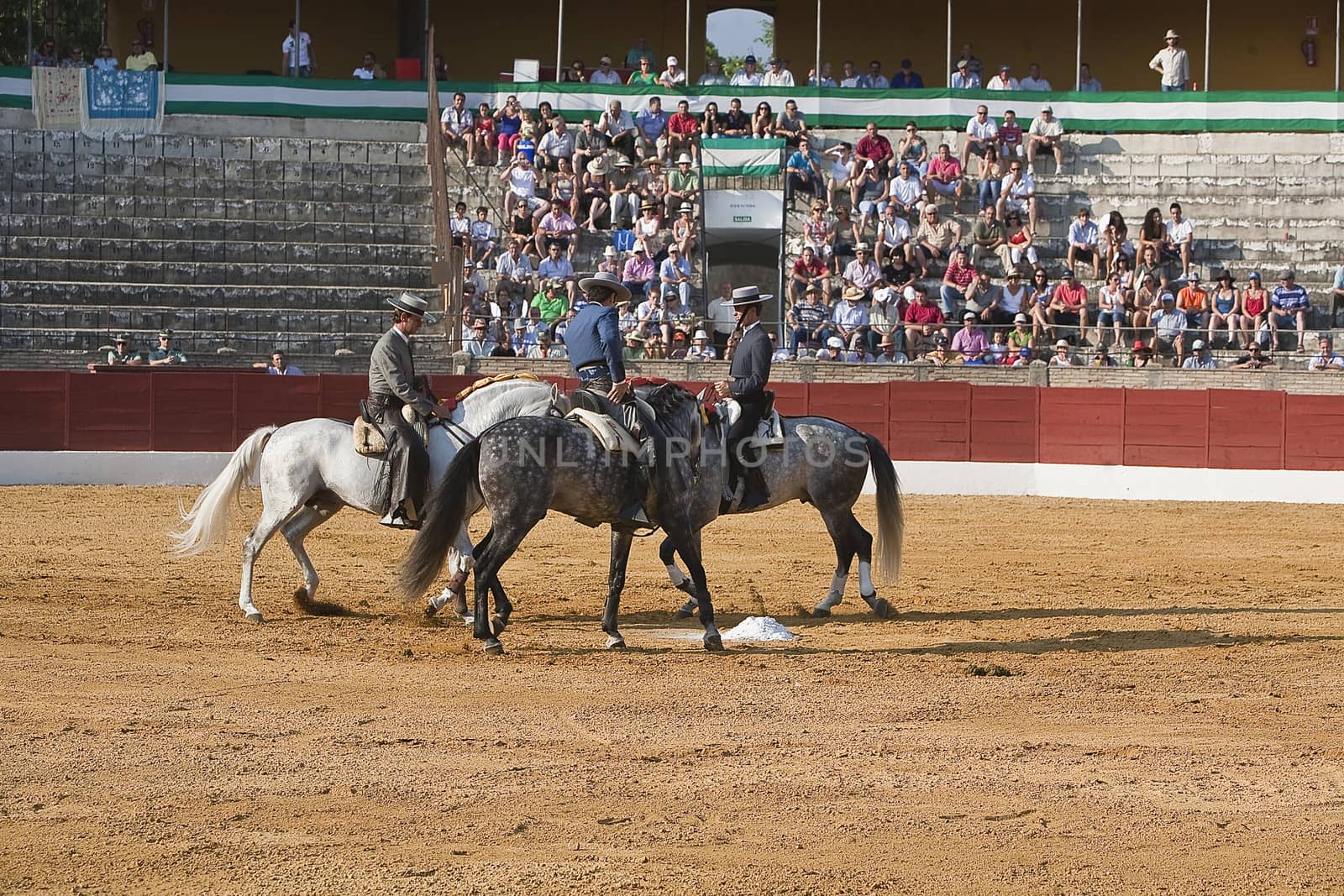 Antonio Domecq, Leonardo Hernandez and Andy Cartagena, bullfighters on horseback spanish, Baeza, Jaen province, Spain, 13 august 2010