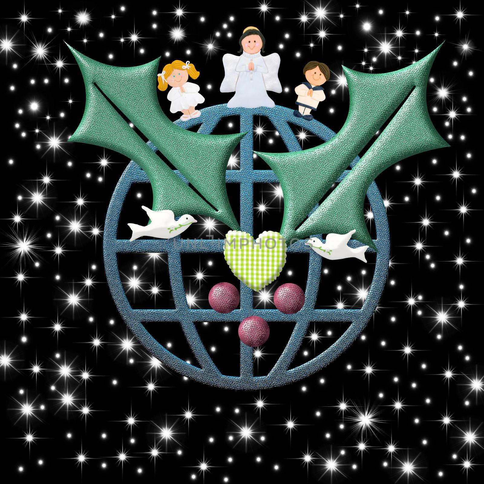Christmas card,  earth with peace symbols Christmas Angel and children smiling, peace doves, holly and heart in starry night
