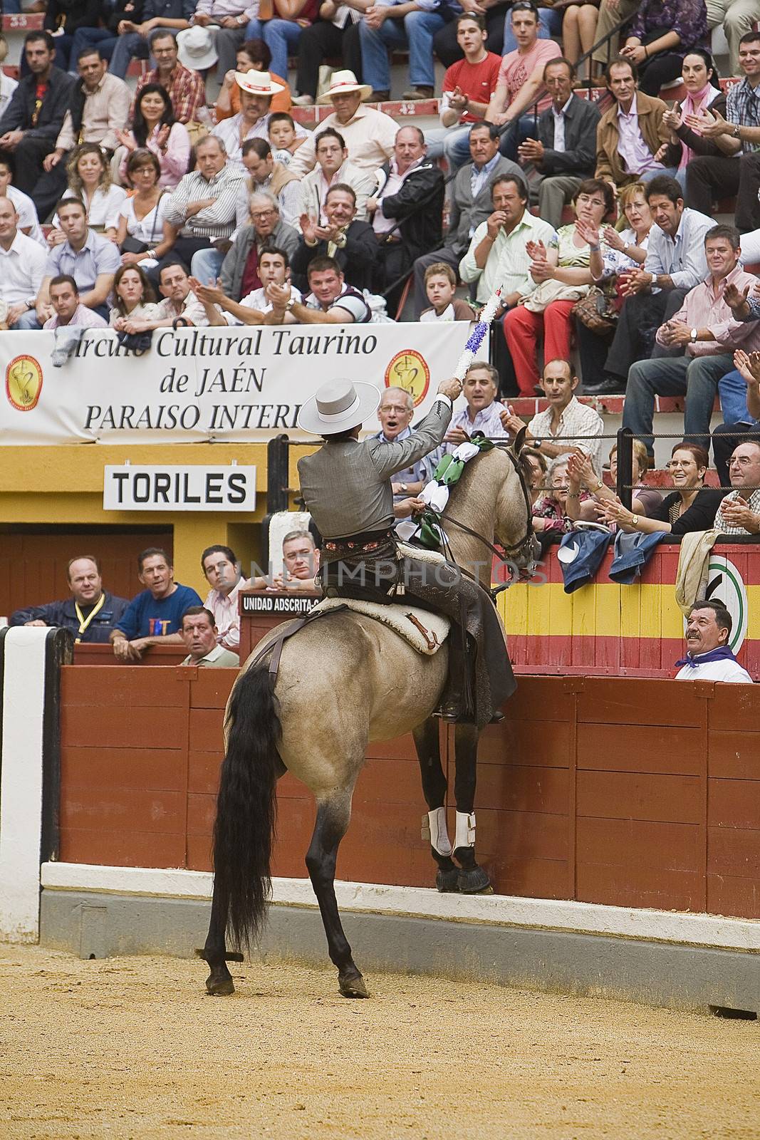 Alvaro Montes, bullfighter on horseback spanish giving the spectators, Coso de la Alameda, Jaen, Spain, 13 october2008