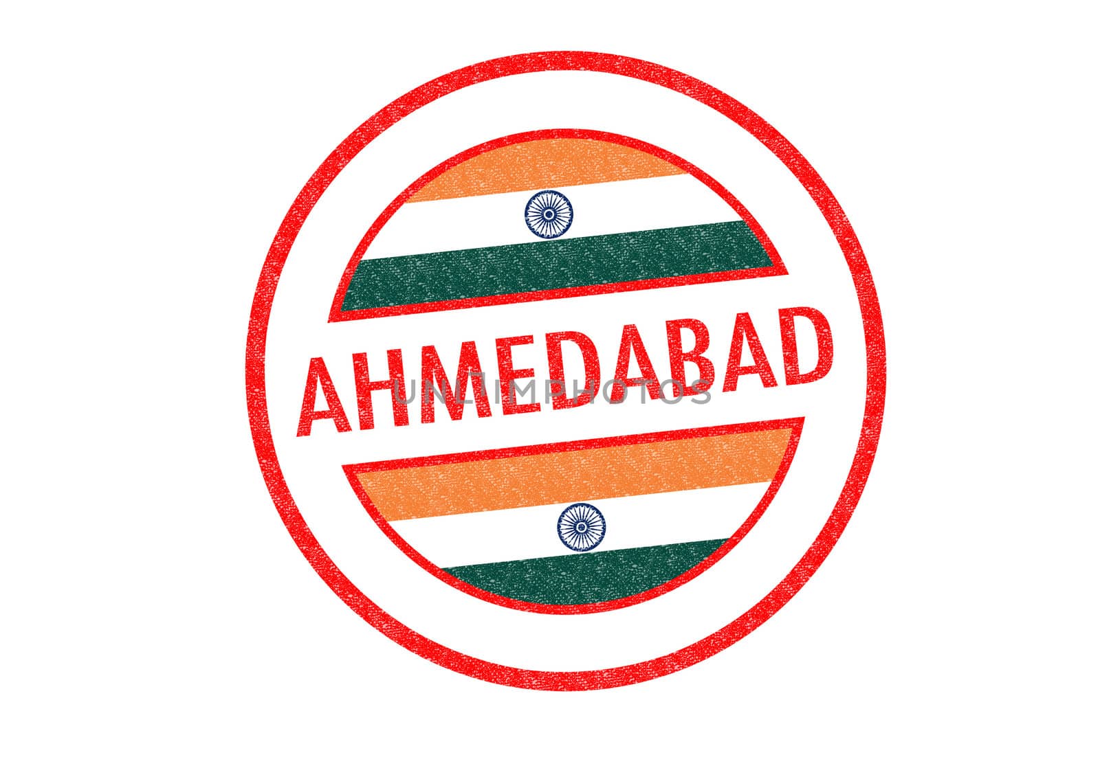 Passport-style AHMEDABAD (India) rubber stamp over a white background.