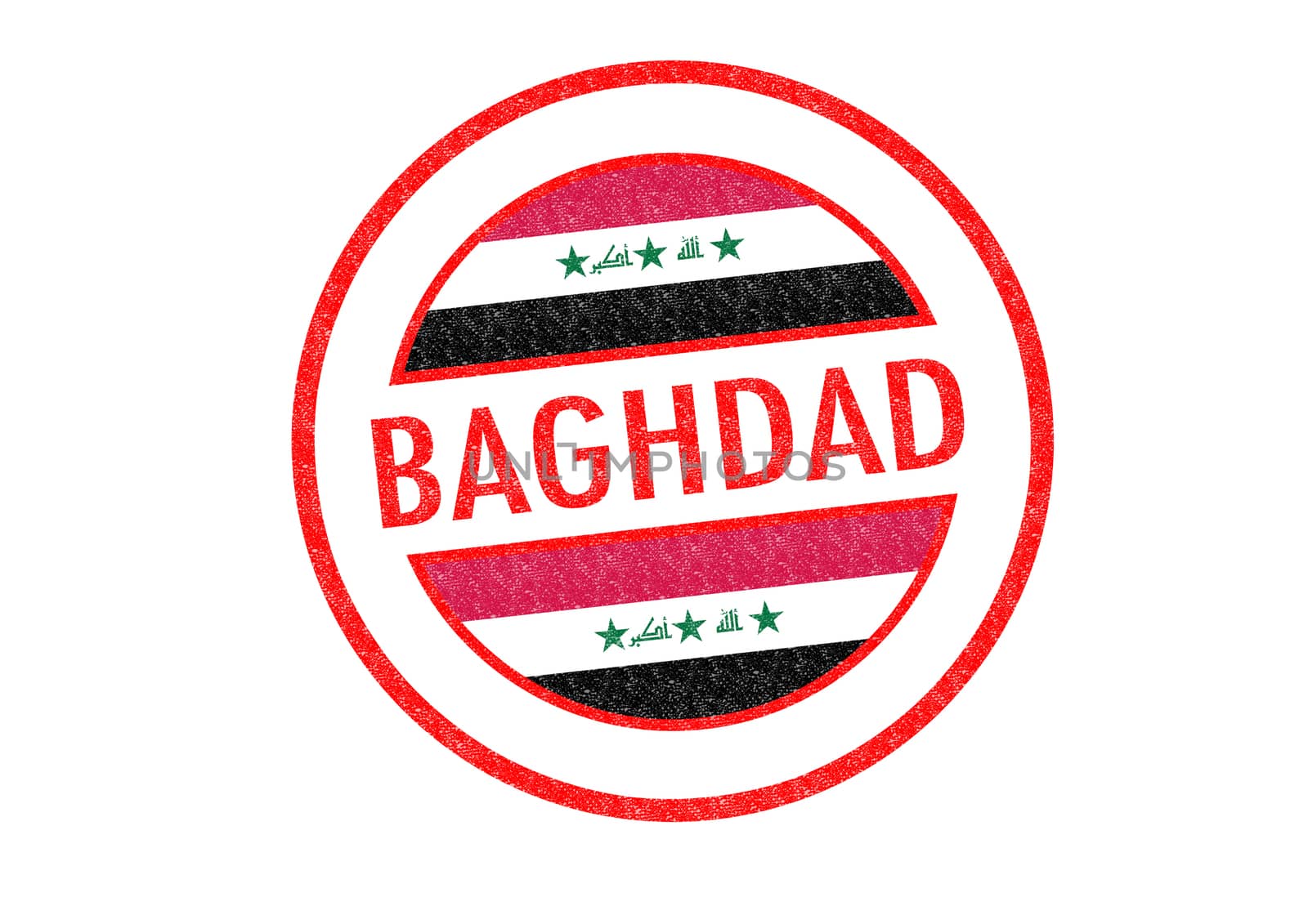 Passport-style BAGHDAD (capital of Iraq) rubber stamp over a white background.